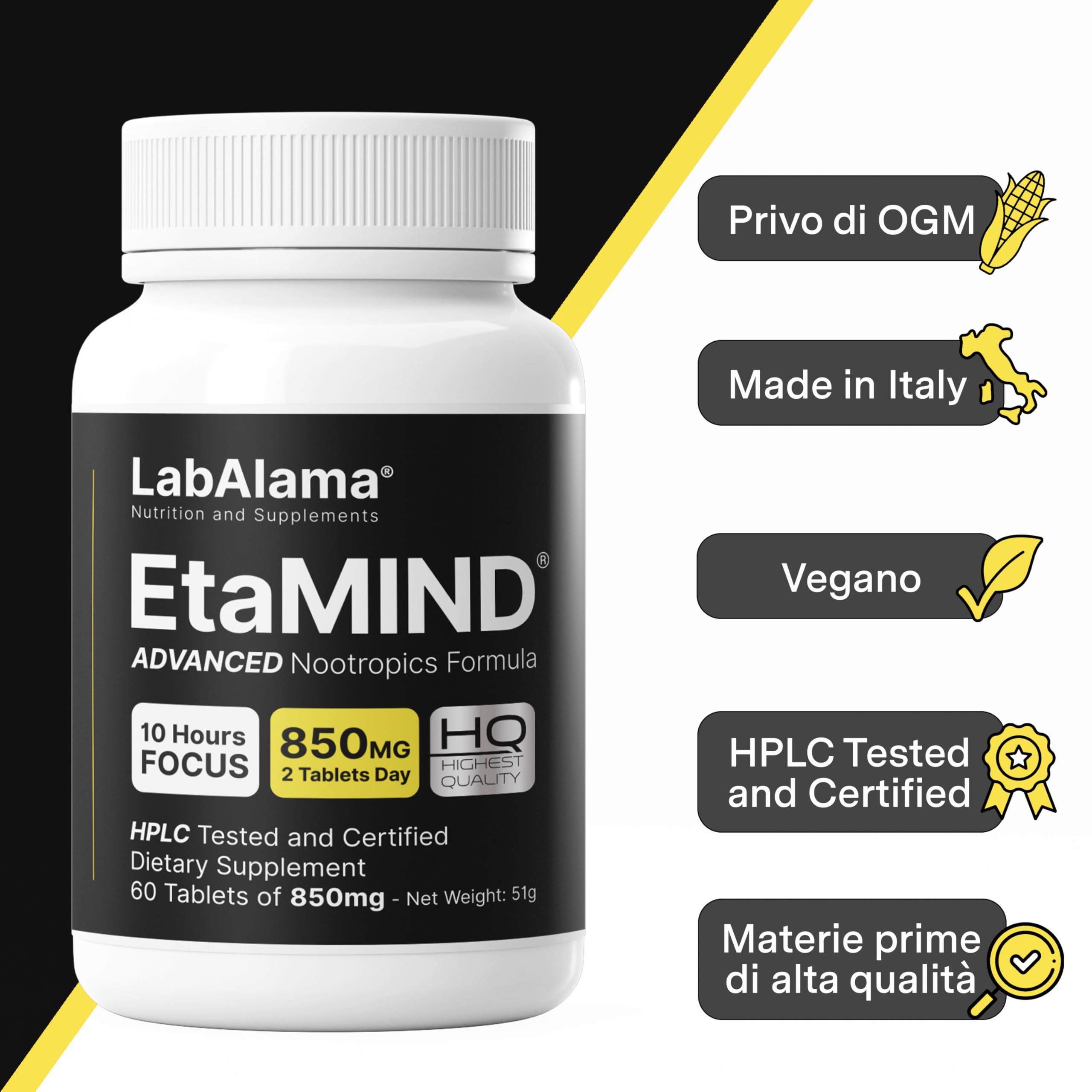 Labalama ETAMind Integratore nootropo - Focus Mentale, Energia e Attenzione - 60 compresse da 850mg (1 Confezione)