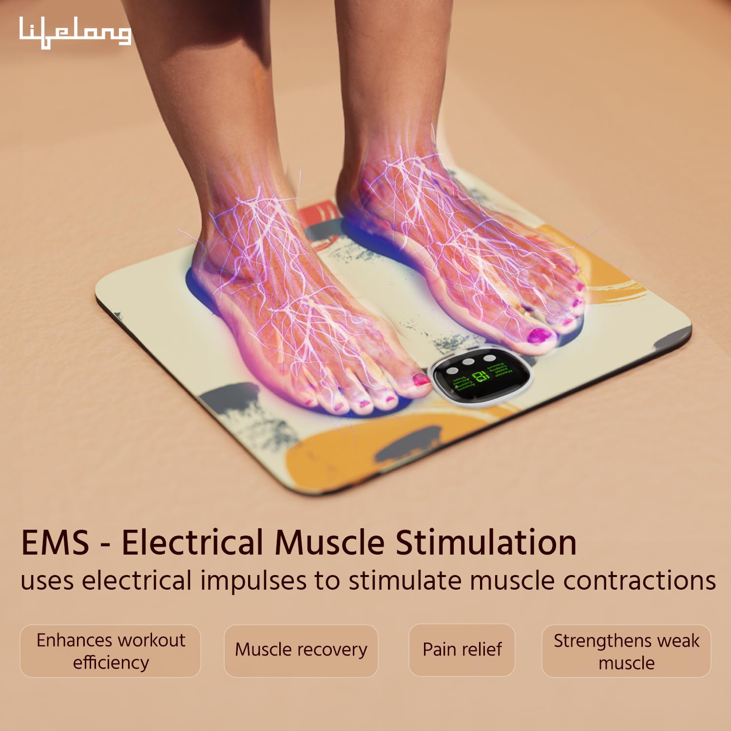 Lifelog EMS Foot Masagar - Electric Foot Master Machine for Relief from Pain with Remote - 8 Mode, 19 Strequent Level - Religious, Wireless, Portable (Multicolor) Lifelog EMS Foot Masagar - Electric Foot Master Machine for Relief from Pain with Remote - 8 Mode, 19 Strequent Level - Religious, Wireless, Portable (Multicolor)