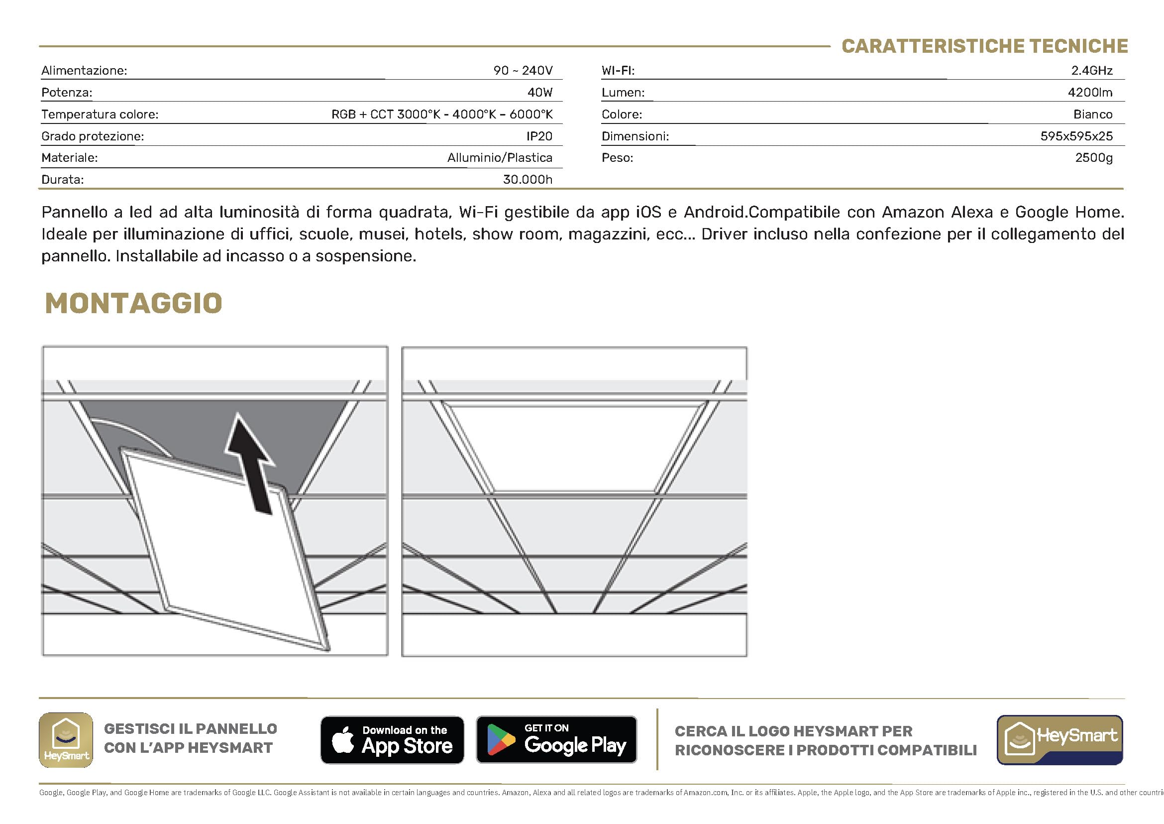 GBC HeyPanel Pannello LED Smart WiFi 60x60cm 40W, Multicolor RGB + Bianco Dimmerabile, Compatibile con Alexa e Google Home, App HeySmart, Installazione a Incasso, 595x595mm, Design Sottile Alluminio