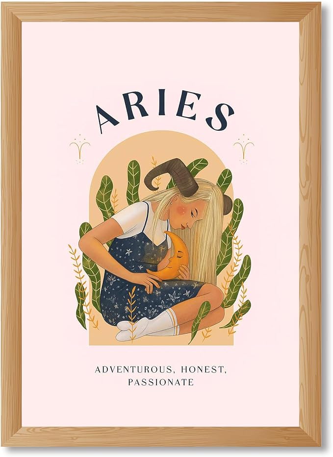Aries Zodiac Sign Canvas Print Art Print, Whimsical Wall Art Painting, Cute Pictures Wall Decor for Living Room, Bedroom, Apartment Home Decoration (Wood Framed,12L X16W)
