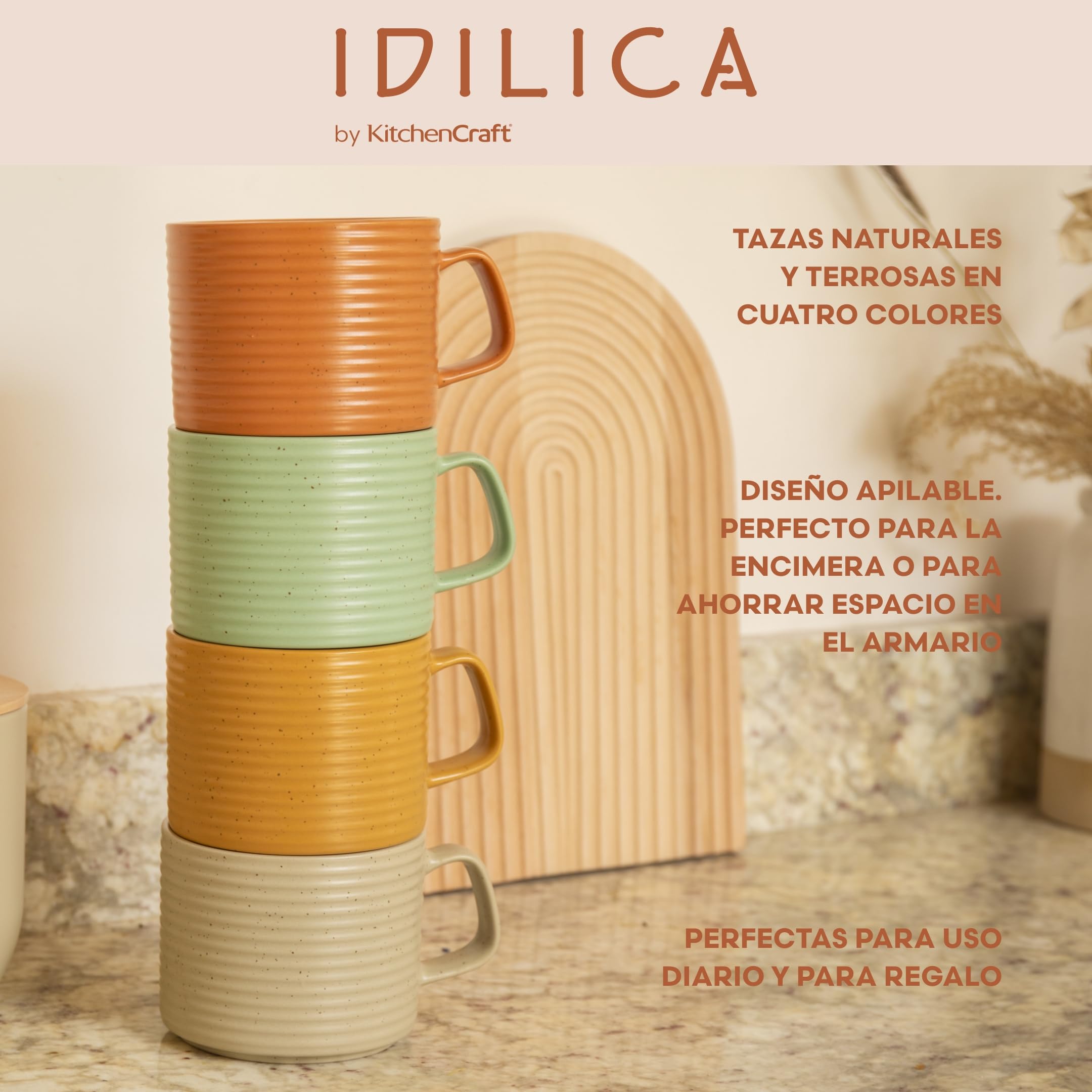 KitchenCraft Idilica Tazas de Gres Apilables, Juego de Cuatro Tazas de Café Apilables, Multicolor, 4ml de Capacidad, Aptas para Lavavajillas y Microondas