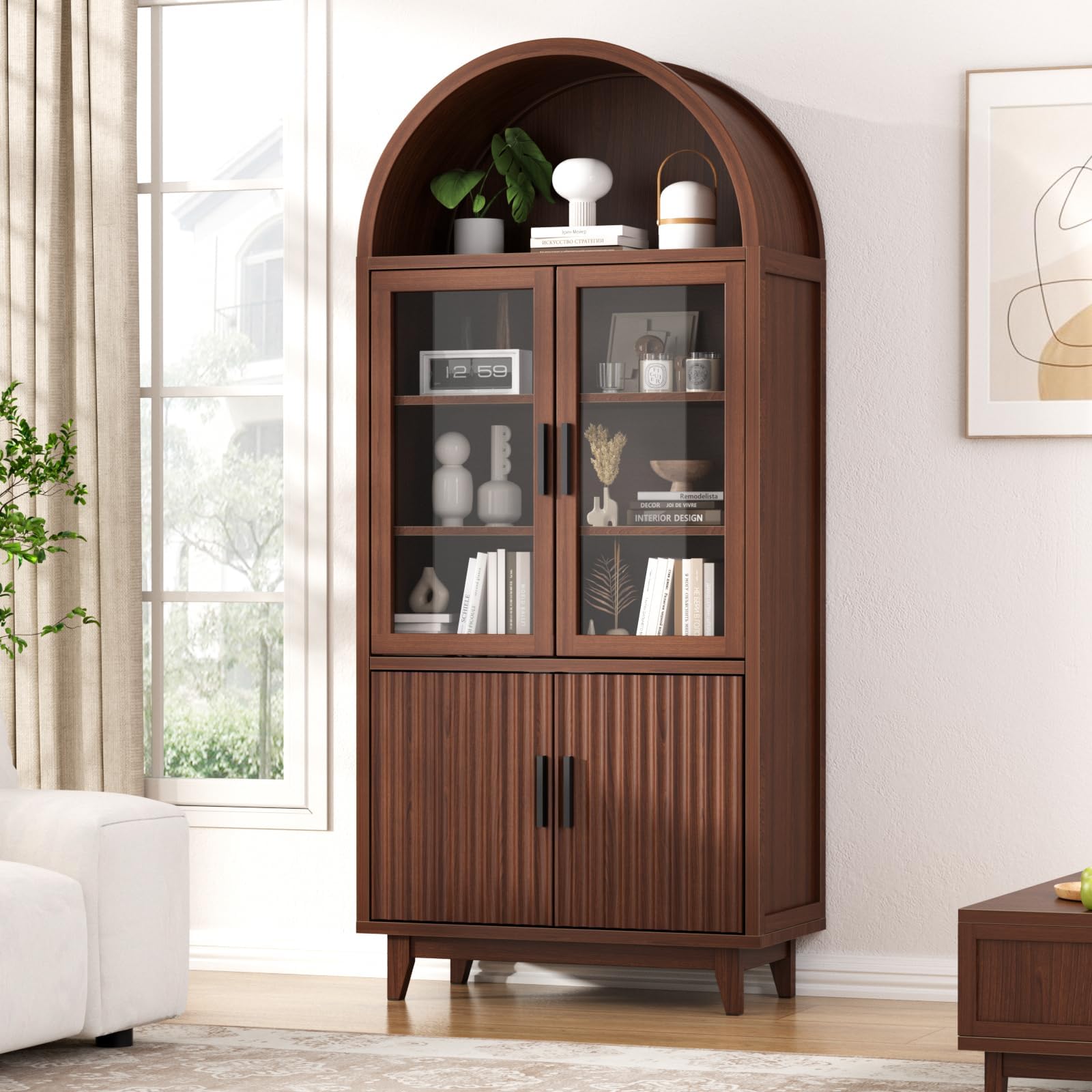 FiveWillowise 71" Tall Arched Cabinet with Glass Doors, Fluted Pantry Cabinet with Solid Wood Legs, Modern Accent Furniture for Living Room, Kitchen, Dining Room, Entryway, Walnut