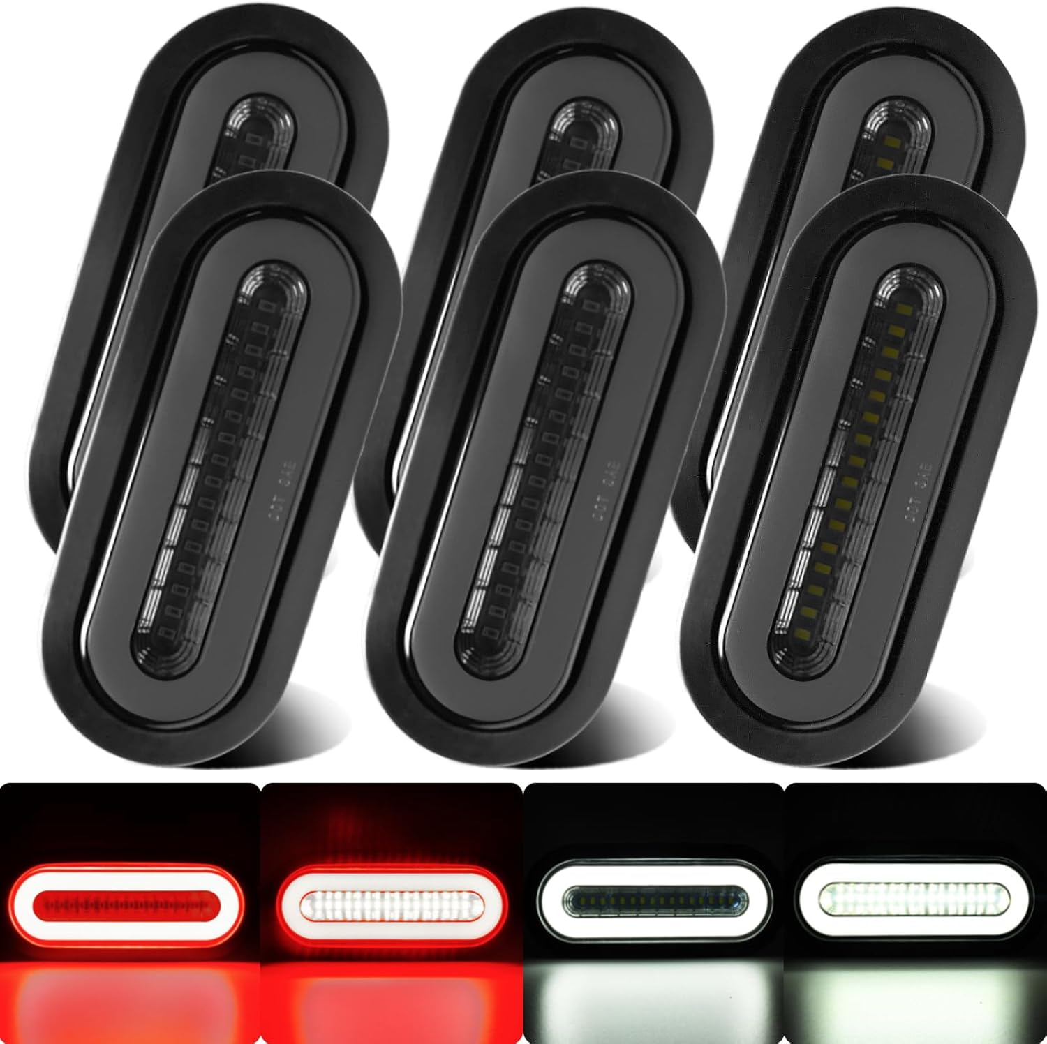 6PCS 6" inch Oval LED Trailer Halo Tail Lights,Smoked Lens 4x Red Stop Brake Turn Light,2x White LED Reverse Back up Tail Lights w/Rubber Grommet Recessed Mount For RV/Van, DC 12V
