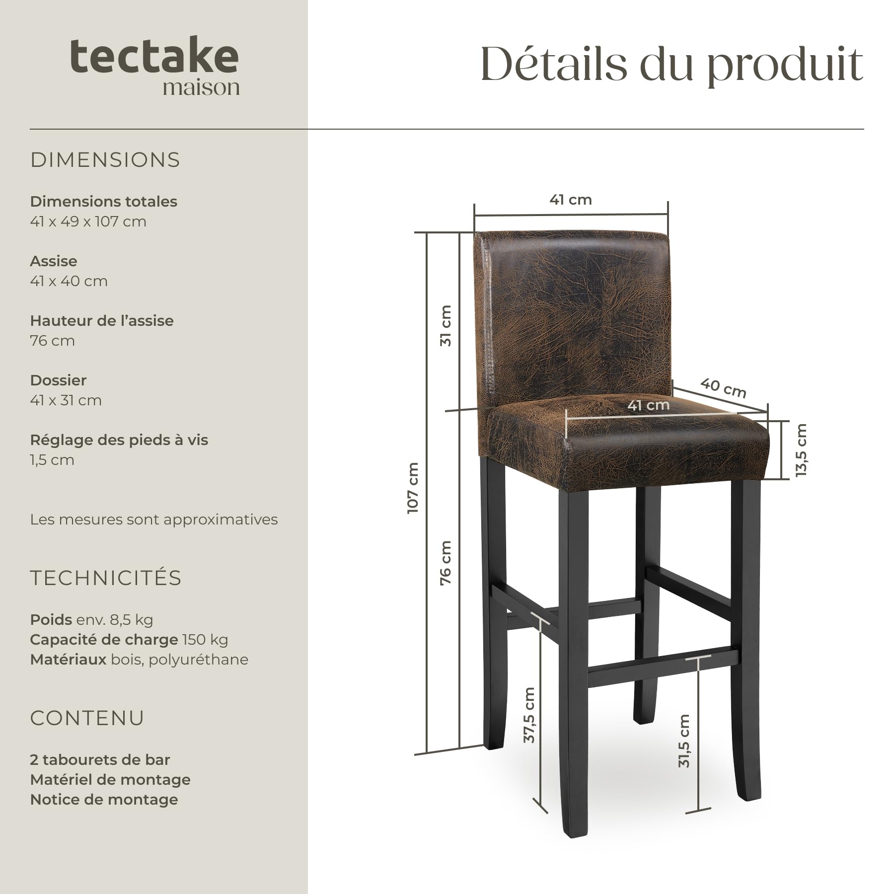 tectake® Lot de 2 Tabouret Bar en Bois & Cuir synthétique Chaise de Bar Chaise Haute Cuisine pour Ilot Central Rembourrée avec Dossier Tabouret Haut Comptoir Bar Salon