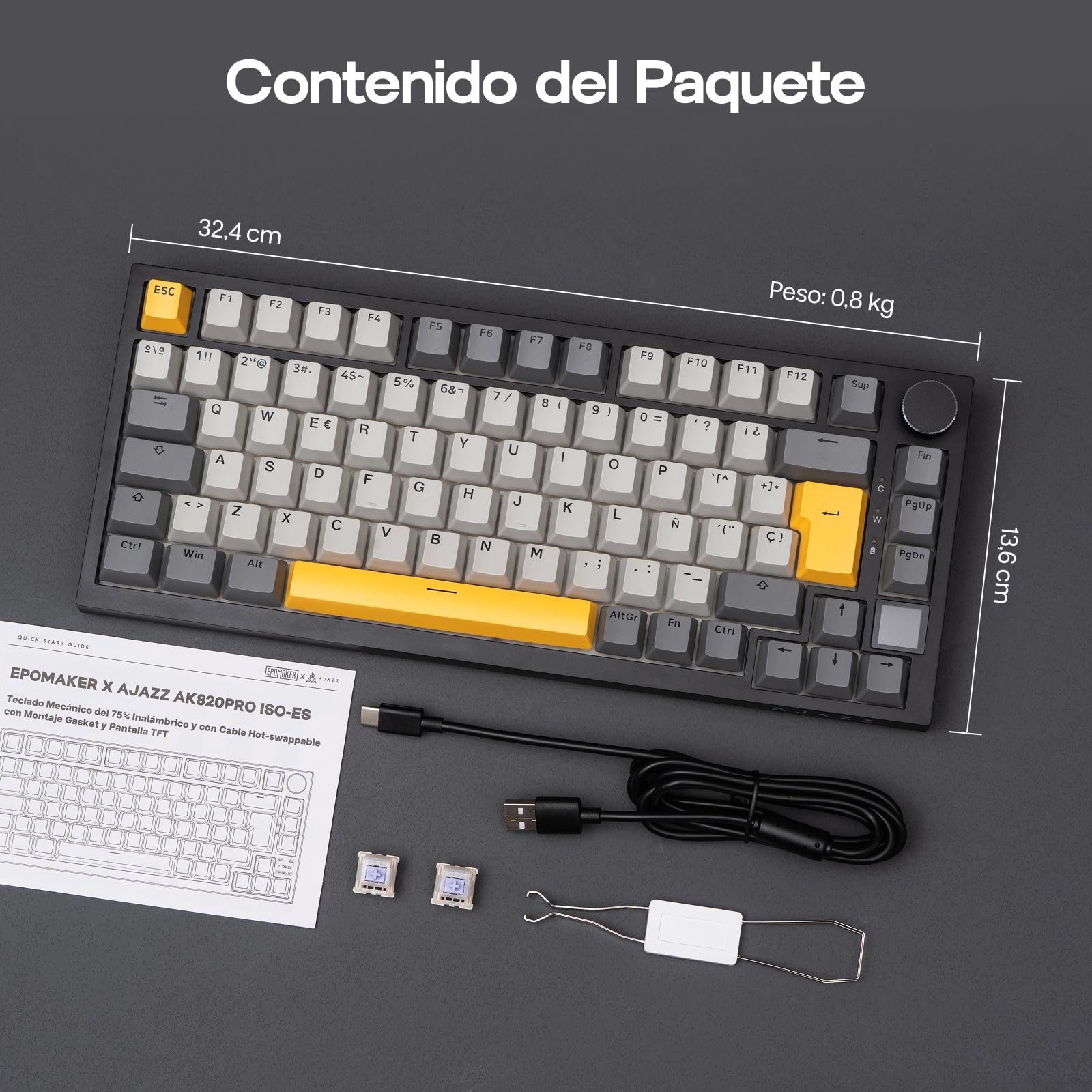 EPOMAKER Ajazz AK820 Pro ISO-ES Teclado Mecánico Inalámbrico, con Pantalla & Perilla, 2.4G/BT/USB, Iluminación RGB, Software Personalizado, Teclado Gaming de 75% Distribución Española para PC/Mac