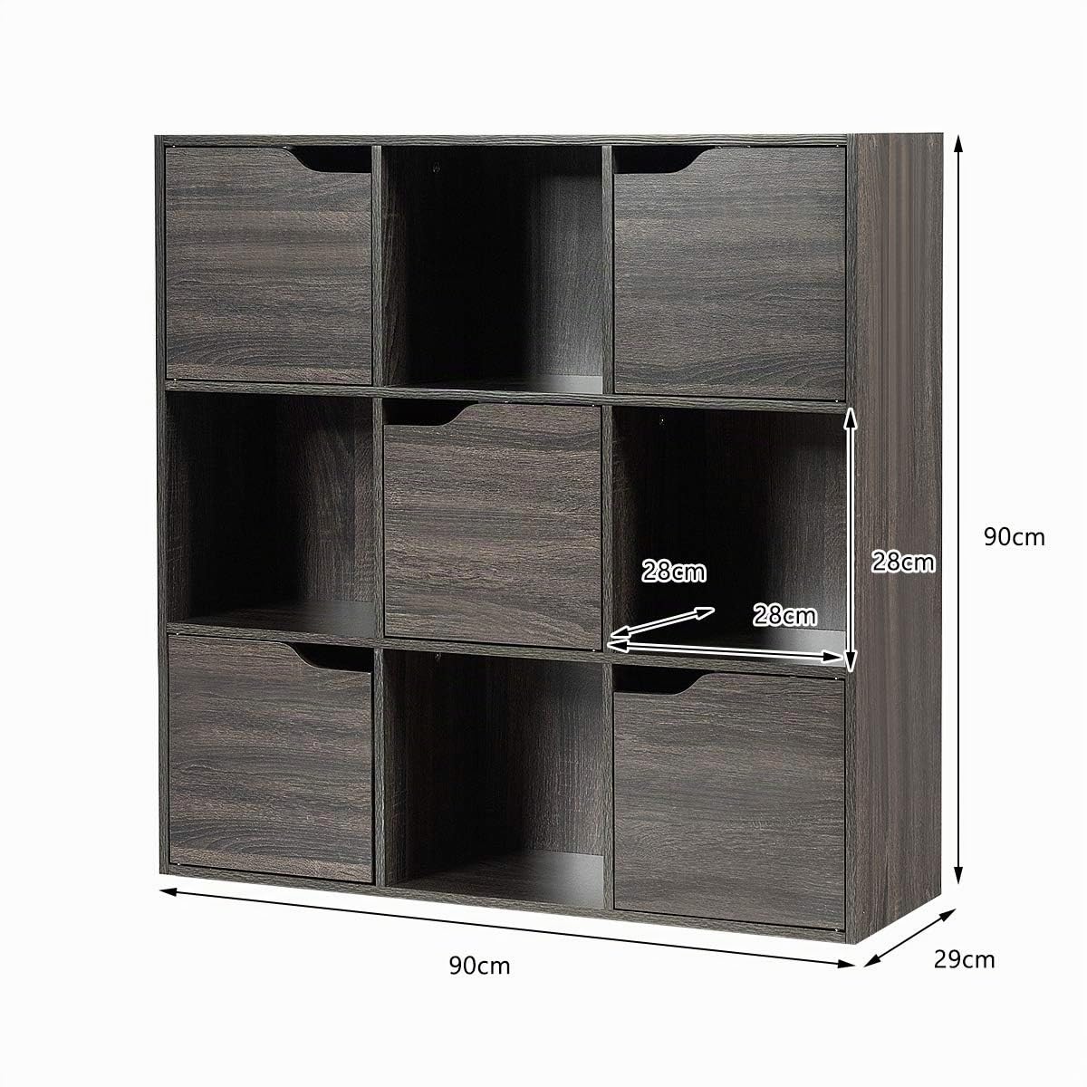 RELAX4LIFE Estantería Libros de 3 Niveles con 9 Compartimentos y 5 Puertas, Estantería de Madera con Dispositivo Antivuelco para Salón, Oficina y Estudio, Muebles de Salón, 90x29x90cm (Gris)