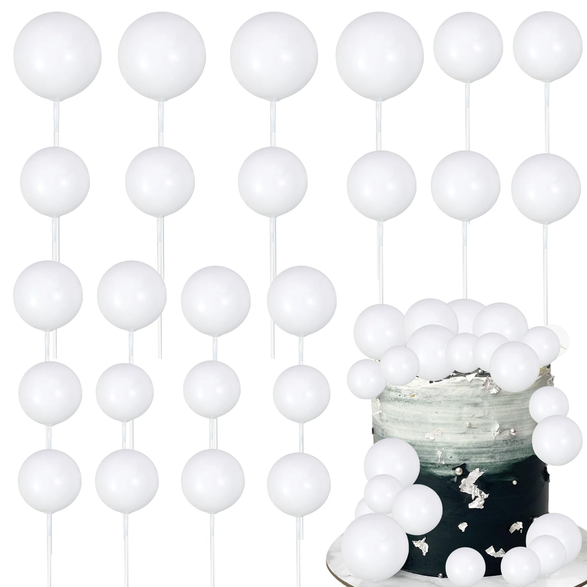 Gyufise 30Pcs Balls Cake Toppers Ball Picks Ball Shaped Cupcake Toppers Foam Balls Cake Topper Mini Balloons Cake Decorations for Wedding Baby Shower Birthday Party Supplies New White — image 1