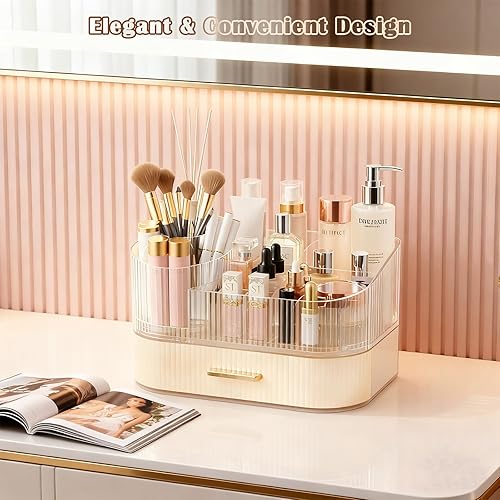 Miniatura 6 de Organizador de maquillaje para tocador con cajones apilables, soporte giratorio de 360 para brochas de maquillaje, vitrina grande de cosméticos para