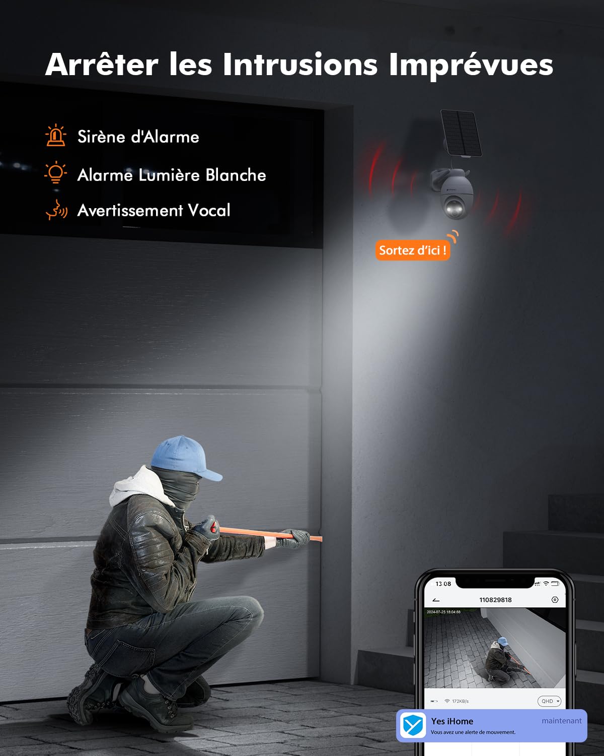 YESKANO 2K Camera Surveillance WiFi Exterieure Sans Fil Solaire, Caméra Extérieure Solaire 360° PTZ, avec Panneau Déporté 2M, Vision Nocturne Couleur, Détection PIR, Audio 2 Voies, 2,4 GHz, IP66 Blanc