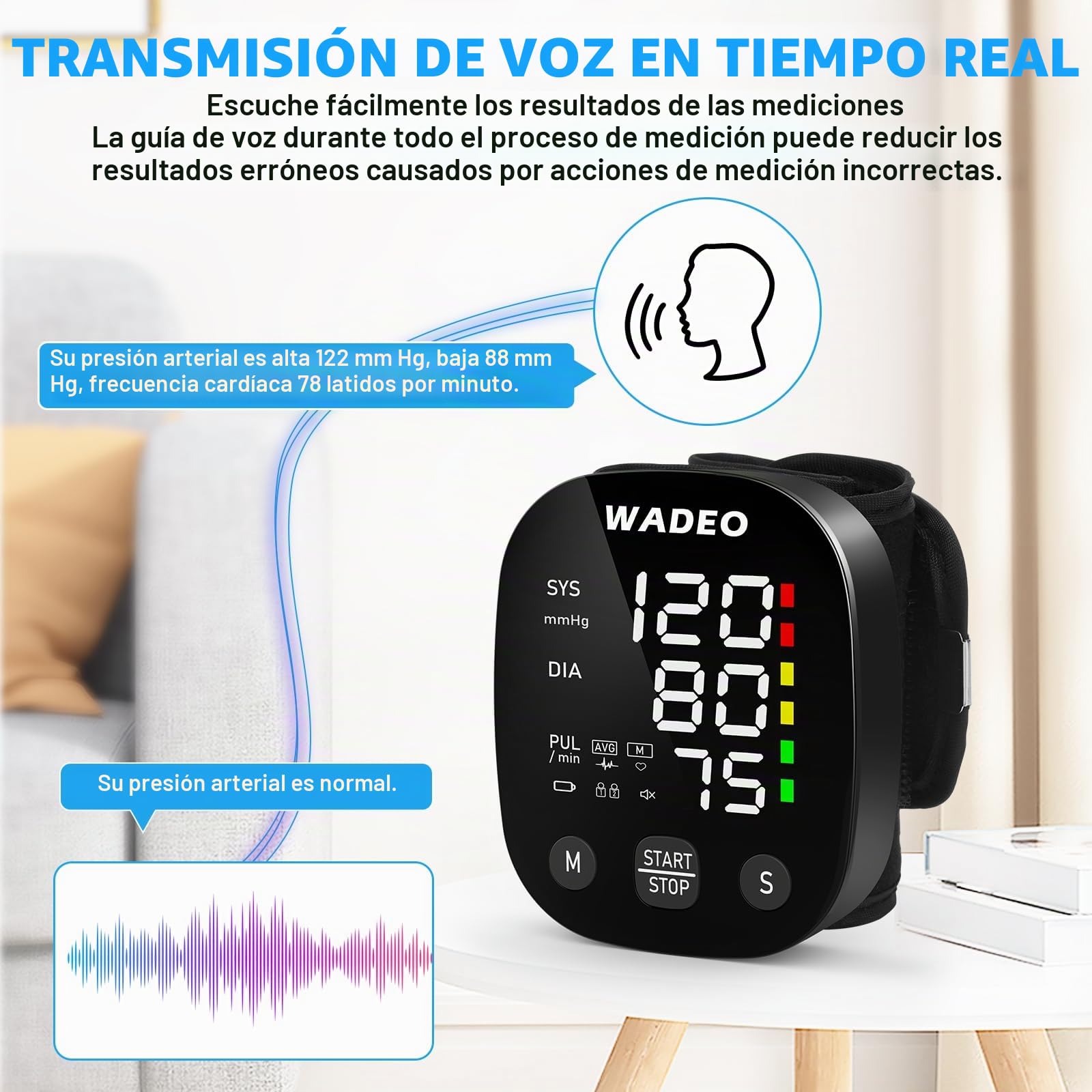 WADEO Tensiómetro digital de muñeca con pantalla LCD, función de voz, memoria para 2 x 99 lecturas, tensiómetro portátil con detección de arritmias para uso doméstico o fuera de casa
