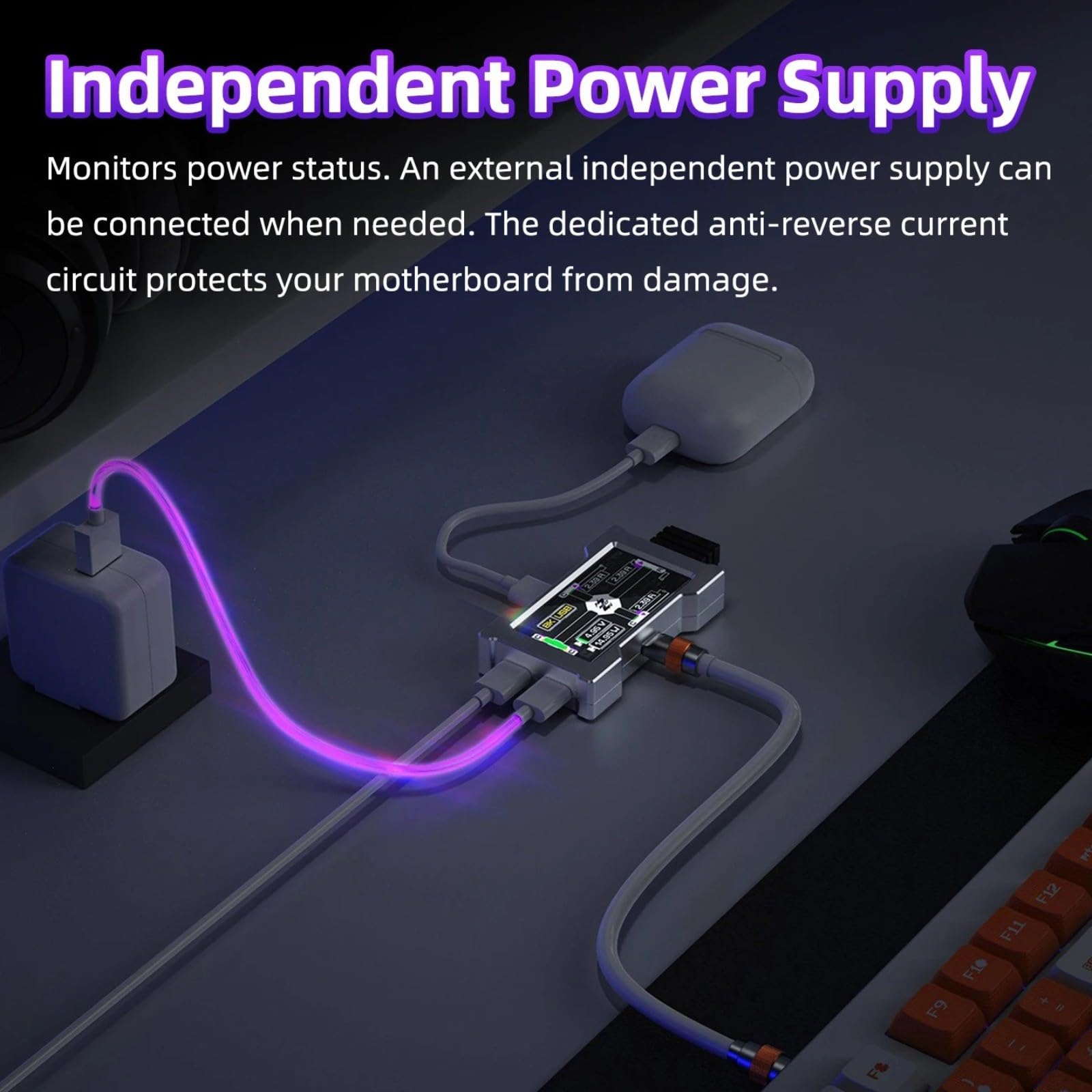 Paquete de 1 concentrador USB para juegos 8K con pantalla personalizada, fuente de alimentación independiente de 3 puertos MTT Tech, aleación de aluminio para configuración de escritorio