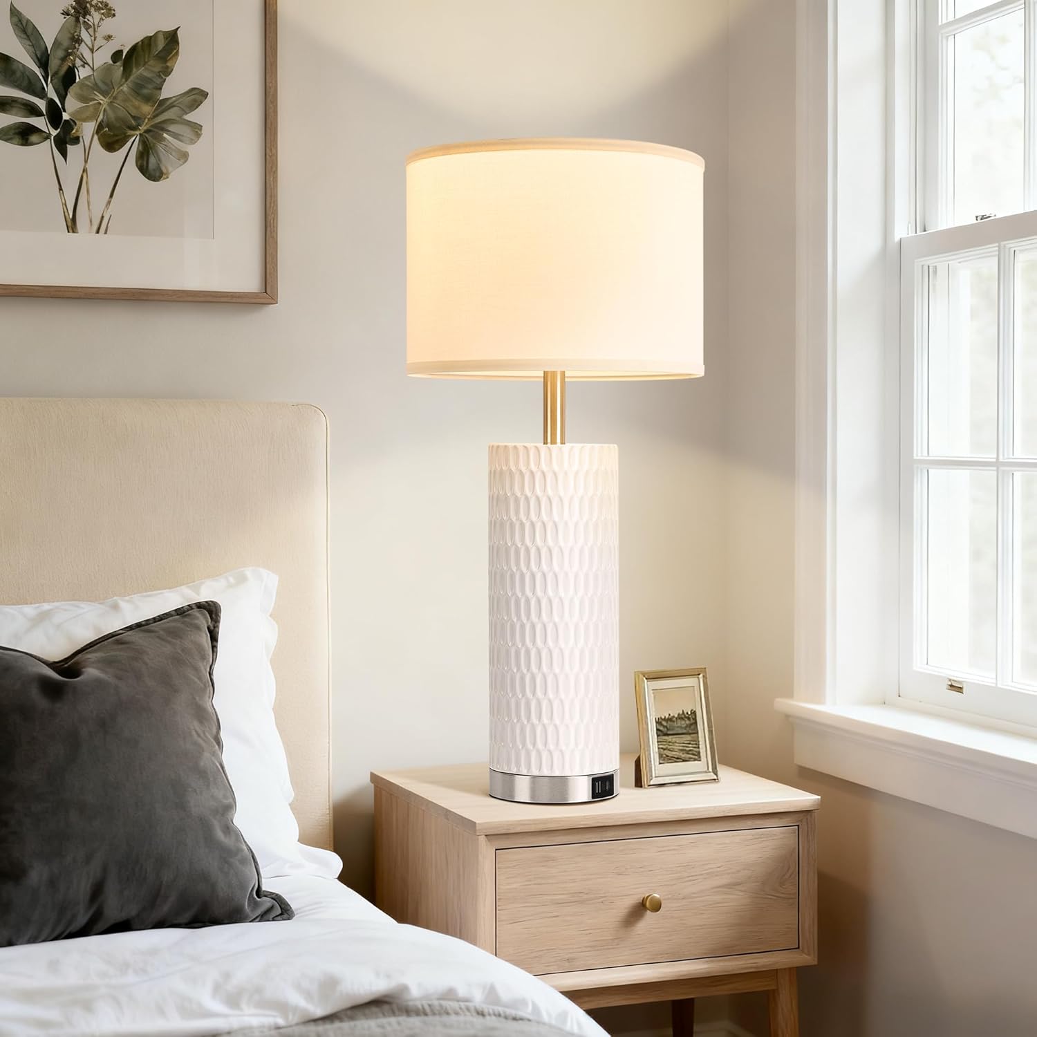 27.5" Ceramic Table Lamp, Table Lamp for Living Room with USB A+C Charging Ports, 3 Way Touch Control Table Lamps for Bedroom, Modern Bedside Lamp Set of 2, End Table Lamps, Bulbs Included White