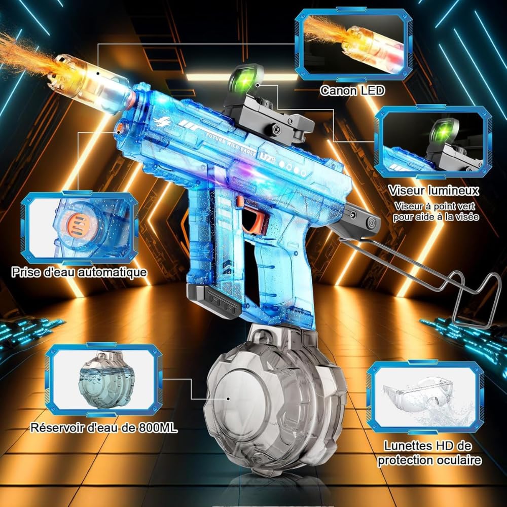 By L.T Pistola de Agua Eléctrica | Juegos Acuáticos Disparo Automático Cacha Retráctil Visor Holográfico Cañón LED de Deflagración | Juguete de Verano para Niños y Adultos
