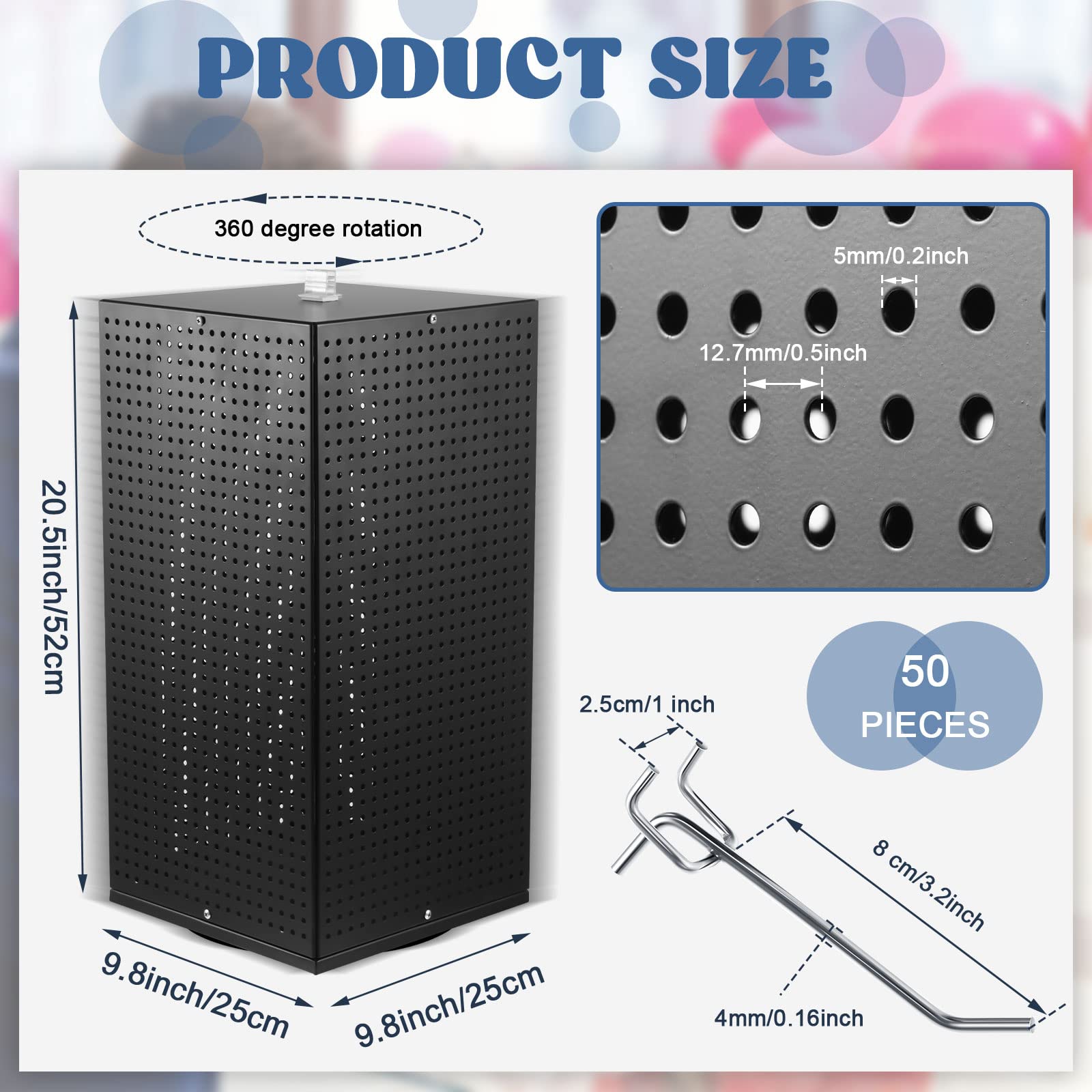 Geelin Stecktafel-Display mit 50 Stecktafel-Haken, 24,8 x 24,8 x 50,5 cm, drehbarer Display-Ständer für Bastelarbeiten, Stecktafel-Organizer mit Haken für Schmuckorganisation, Einzelhandel (schwarz)
