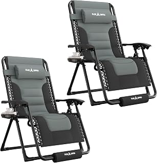 UDPATIO Oversized Zero Gravity Chair Outdoor Patio Folding Recliner | 29in Adjustable Padded Lounge Chair with Cup Holder, Foot Rest & Headrest for Camping Garden Indoor Black/Gray