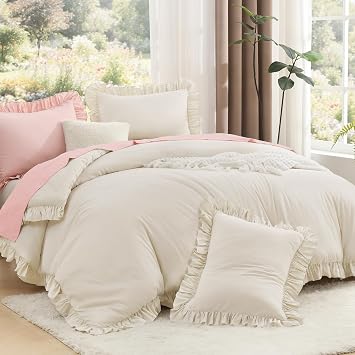 Litanika Twin Comforter Set, 2 Pieces Beige Ruffle Bedding Set | Farmhouse Shabby Chic Aesthetic Soft Fluffy Lightweight Breathable Bed Set for Girls Women Room Decor Gift All Season