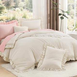 Litanika Queen Comforter Set, 3 Pieces Beige Ruffle Bedding Set