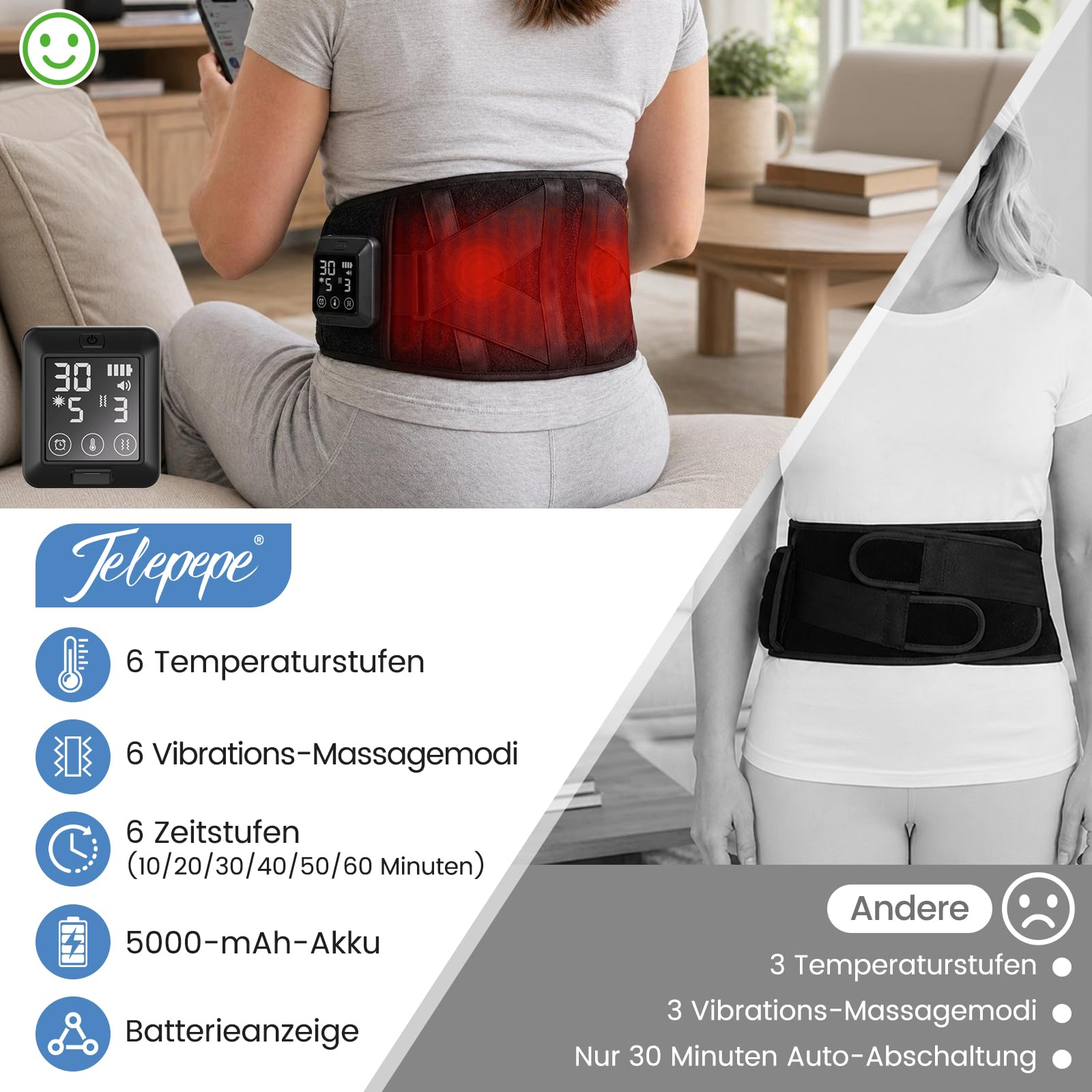 Wärmegürtel Vibrationsmassage für Rücken mit 5000mAh Akku, Wärmegürtel Rücken Akku mit 6 Heizstufen&6 Vibrationsmodi, kabelloser Rückenwärmer, Geschenke für Frauen Mama Papa(Schwarz)