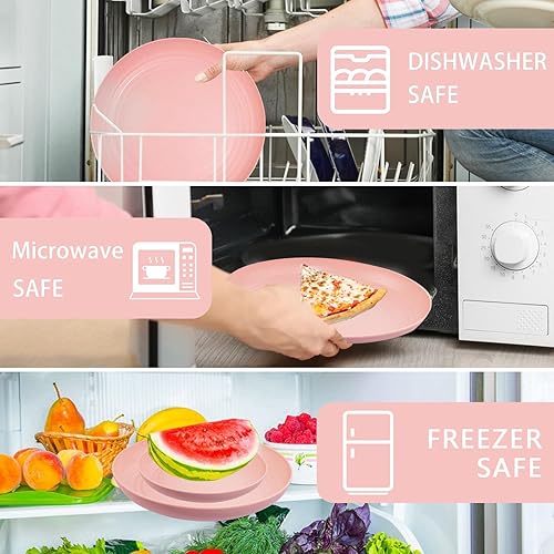 Miniatura 6 de Supernal Juego de vajilla de paja de trigo rosa, platos rosados para 8, juegos de platos y cuencos, platos de plástico reutilizables, platos aptos