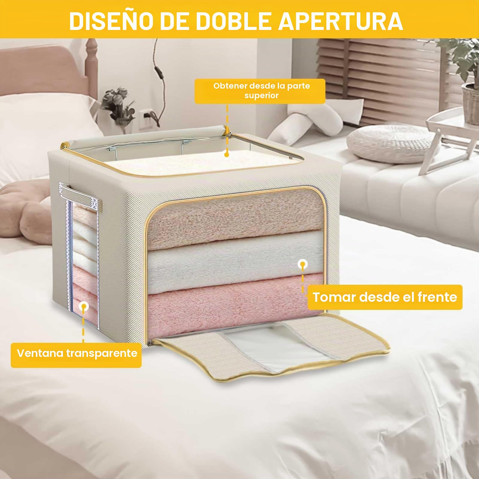 Paquete de 3 cajas de almacenamiento apilables para ropa, bolsa de almacenamiento plegable de 66 L con marco de acero, ventana transparente, apertura frontal con cremallera y asas, organizador de