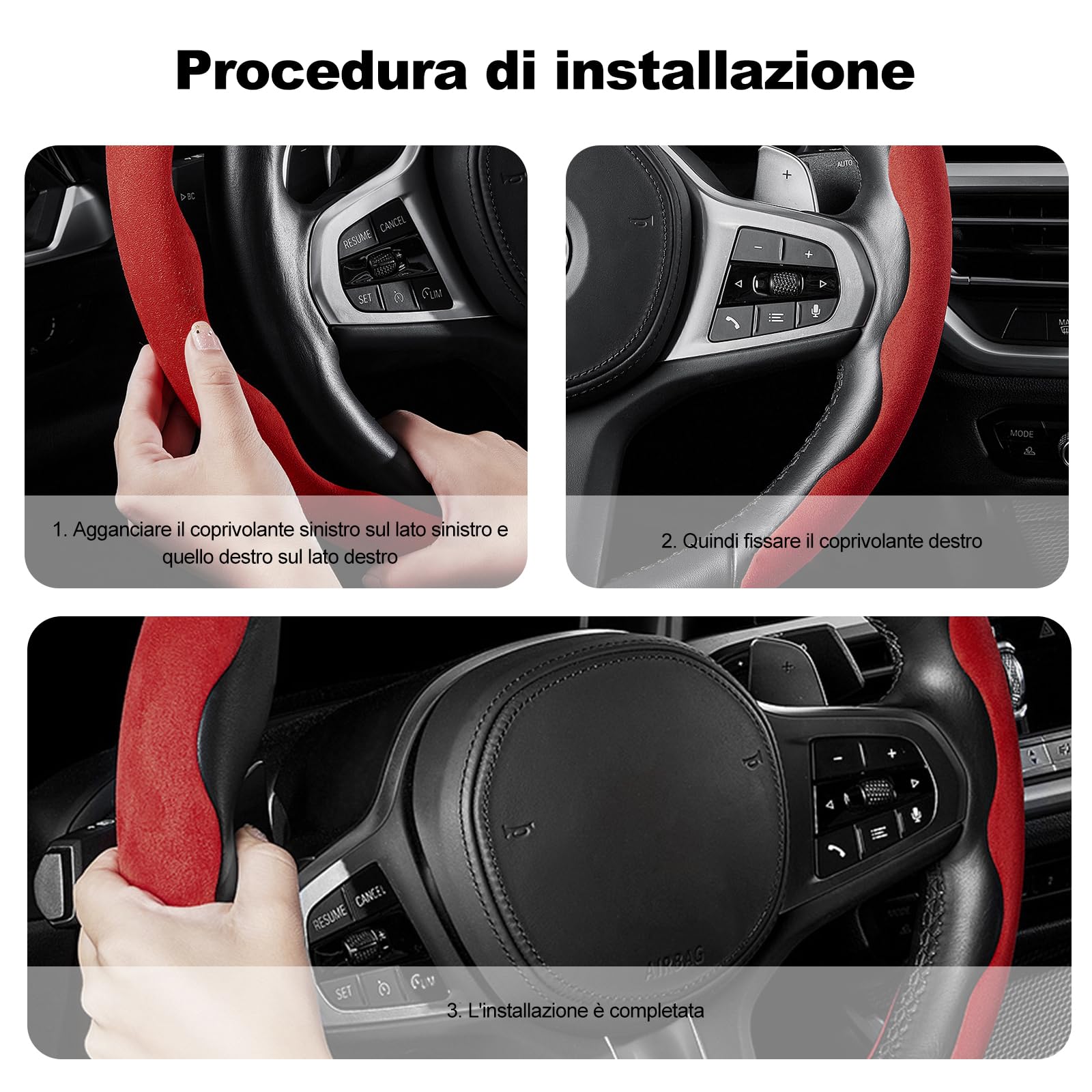 Ergocar Sport Camoscio Coprivolante Forma D & Rotonda Universale Moda Confortevole Coprivolante Segmentati per Auto Durevole Antiscivolo Traspirante 38 cm(15"), Nero