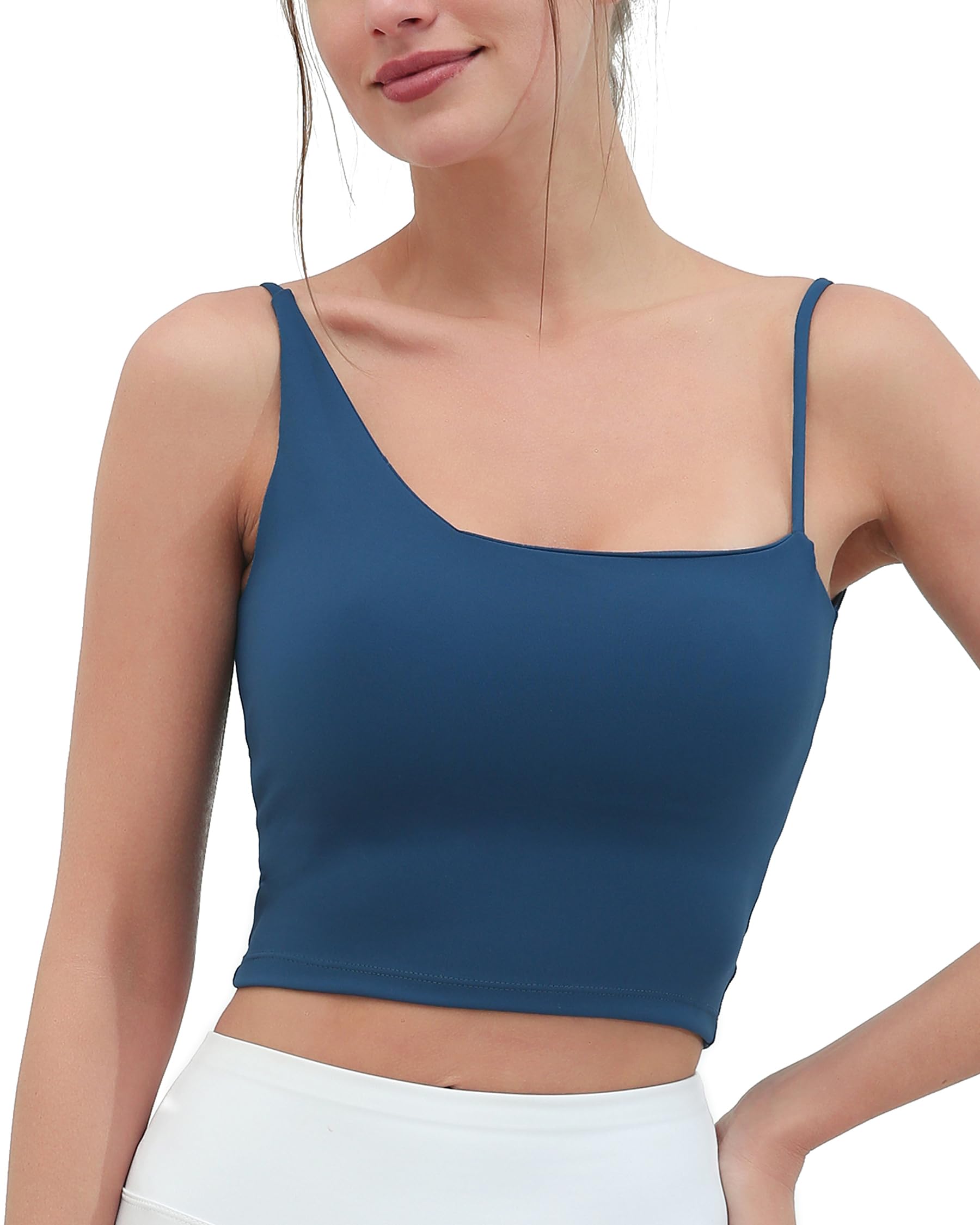 romansong Brasier deportivo de línea larga sin espalda para mujer, con un hombro acolchado, tirantes delgados, sexy, espalda en U, bonito brasier de yoga