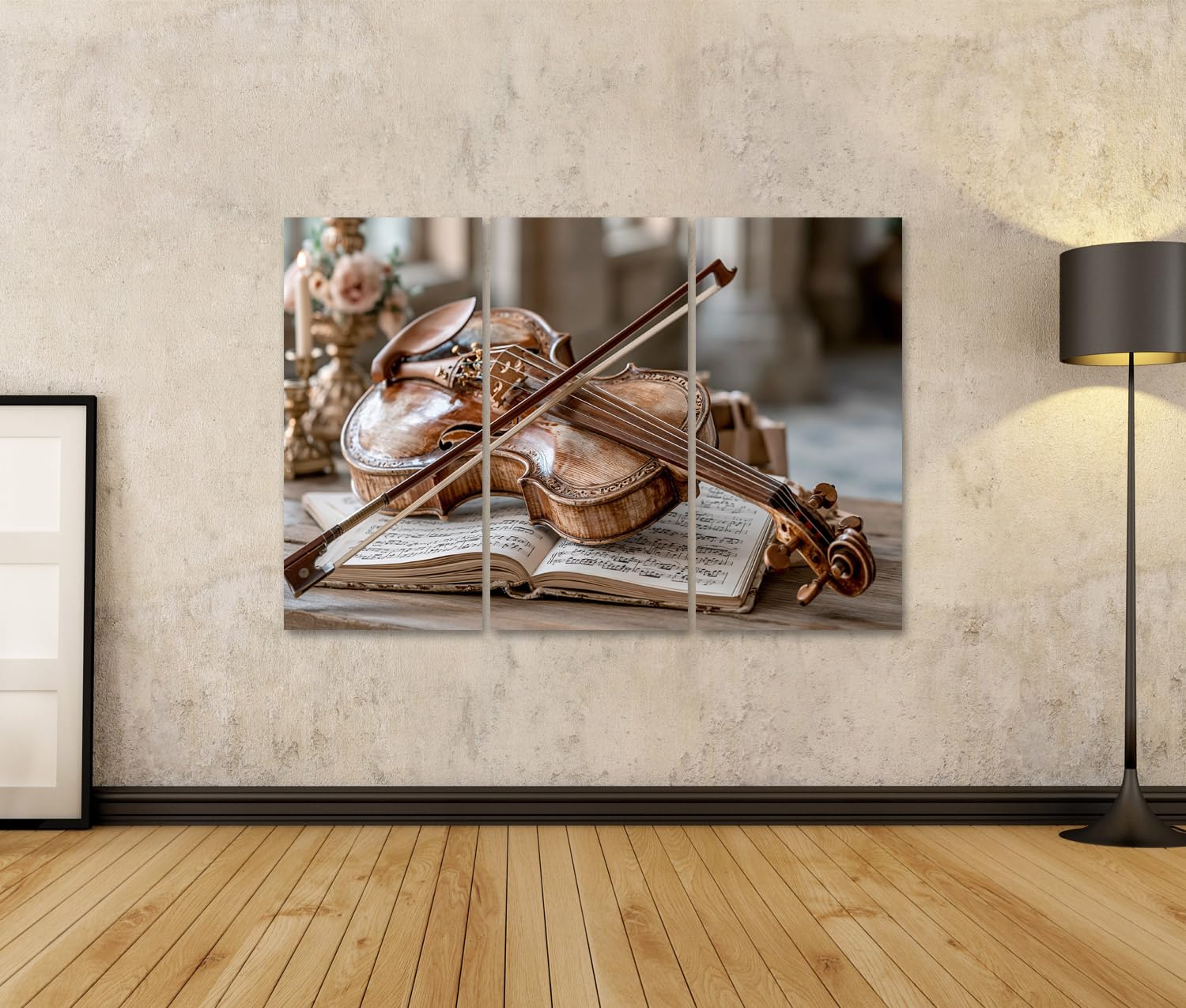 islandburner Quadro su tela, violino nostalgico con note di musica, per soggiorno, per gli amanti della musica, 3 pezzi