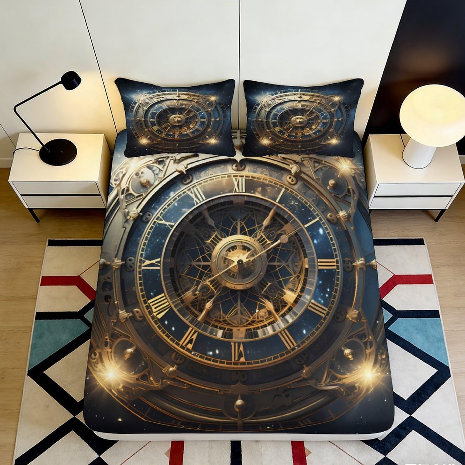 3D Printed Astronomical Clock Fitted Sheet Microfiber Dark Gold Blue Art Bed Cover for Bedroom Guest Room Decor 90x200x25cm
