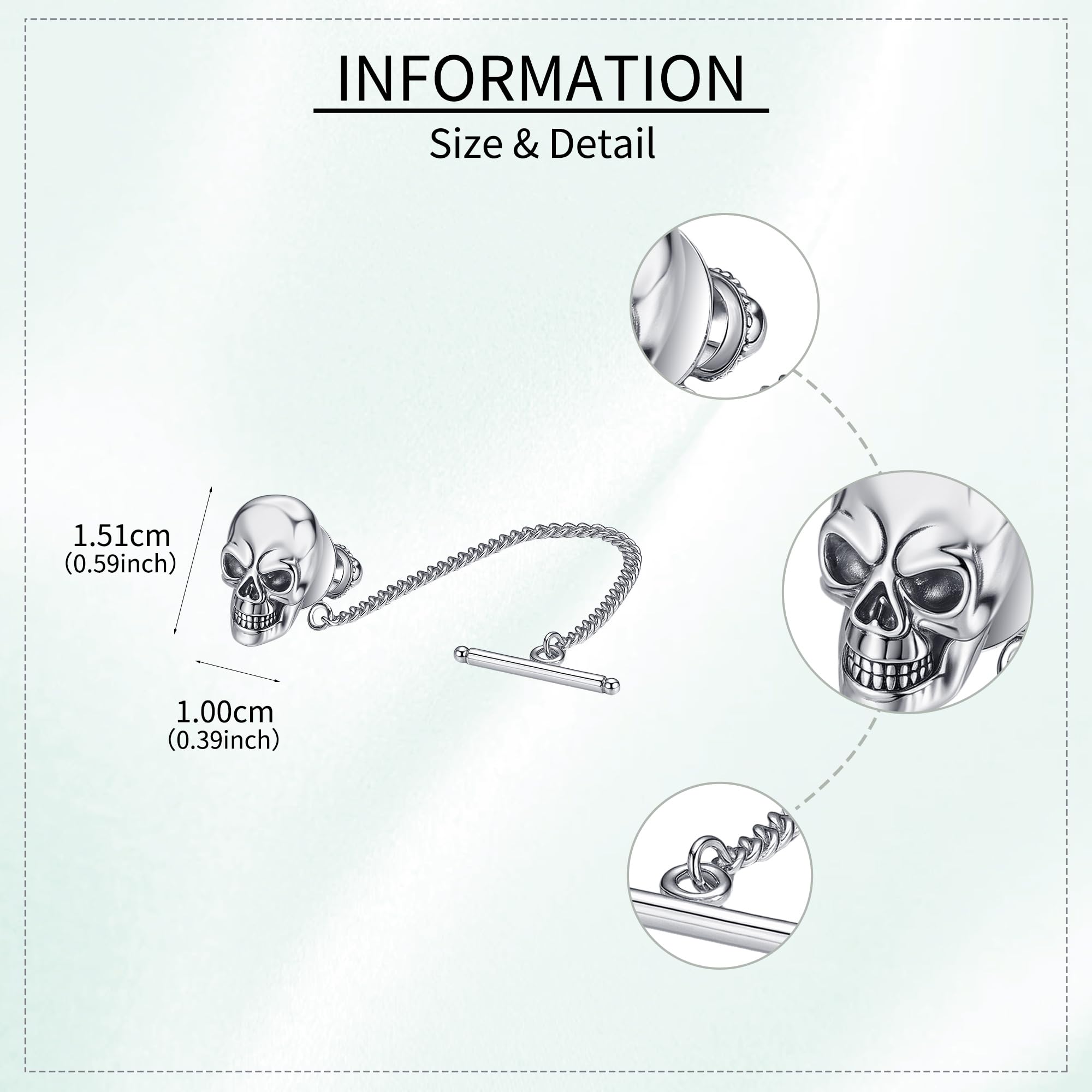 Fermacravatta a forma di teschio, in argento Sterling, punk, teschio, accessori per cravatta.
