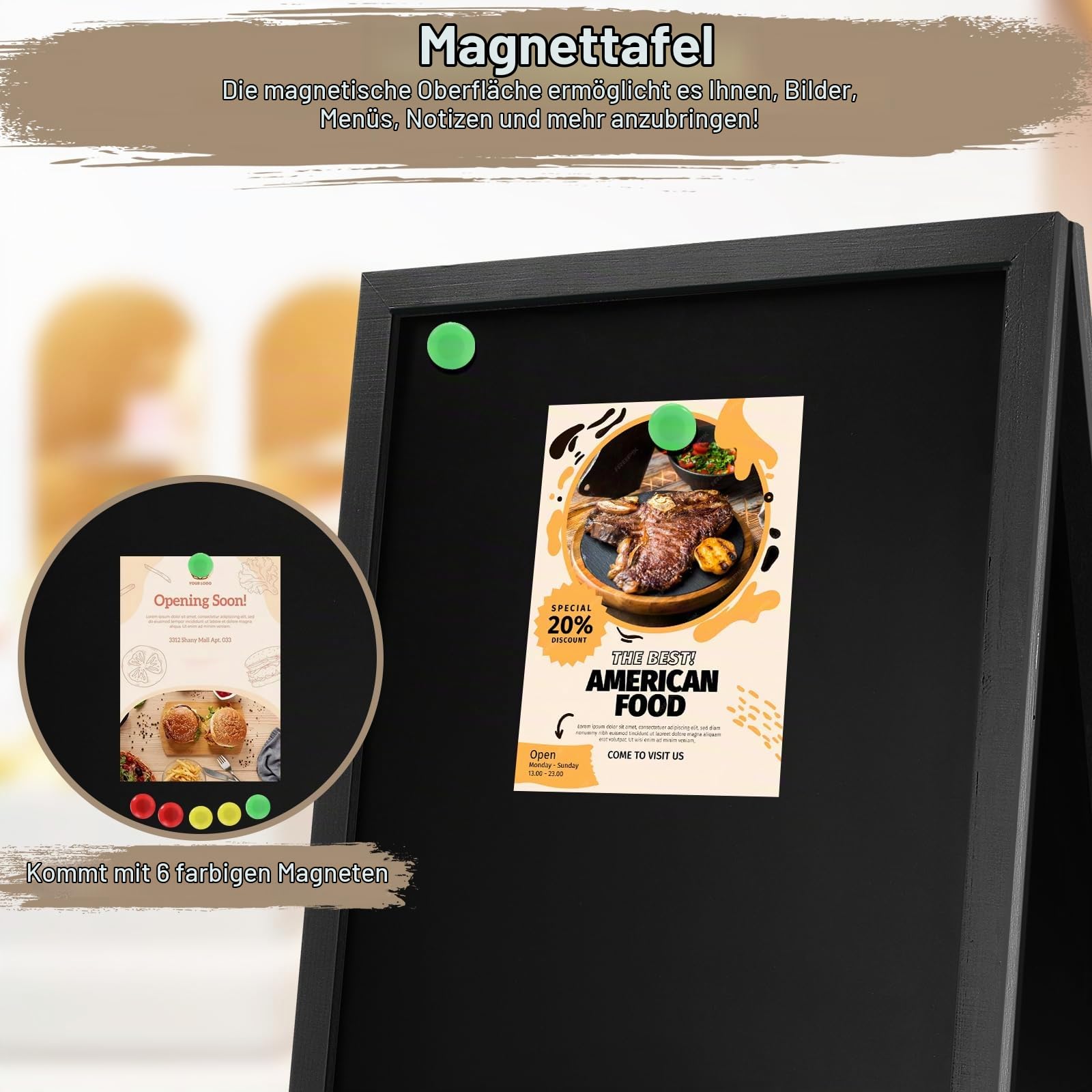 Aufsteller Kreidetafel Kundenstopper mit Holzrahmen 85x41cm, 8 Kreidestifte | Doppelseitig Magnetisch Werbetafel Gehwegaufsteller, Stehtafel Gastro Kreide für Gastronomie, Kleine Geschäfte, Events