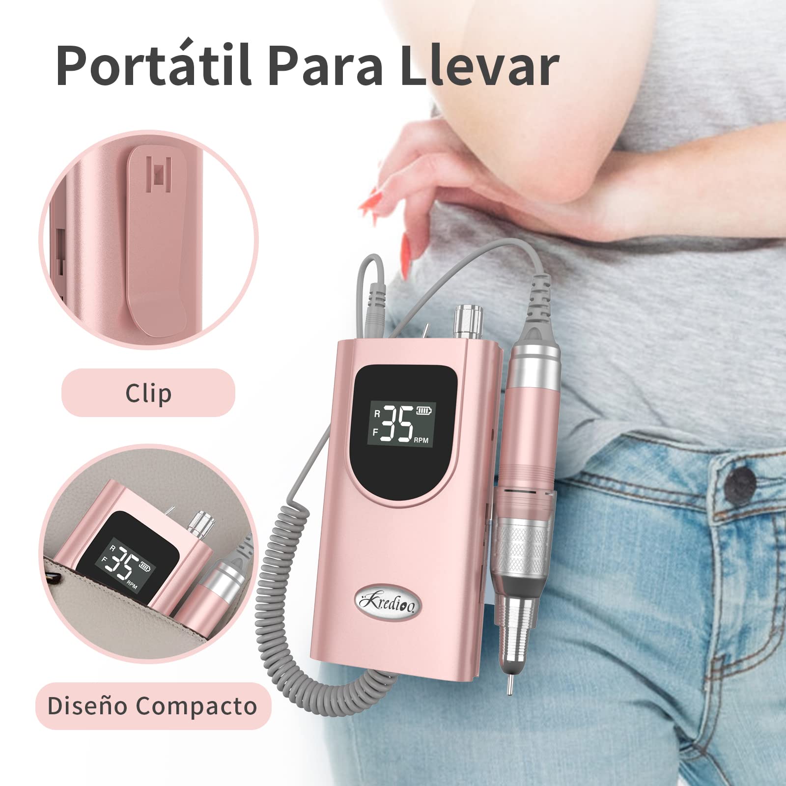 Kredioo Torno para Uñas Profesional 35000RPM Pórtatil＆Recargable 6 Brocas Lima Eléctrica de Manicura y Pedicura Pulidor Set Taladro de Clavo Eléctrico Limado Kit Set de Fresas LCD con Batería Rosa