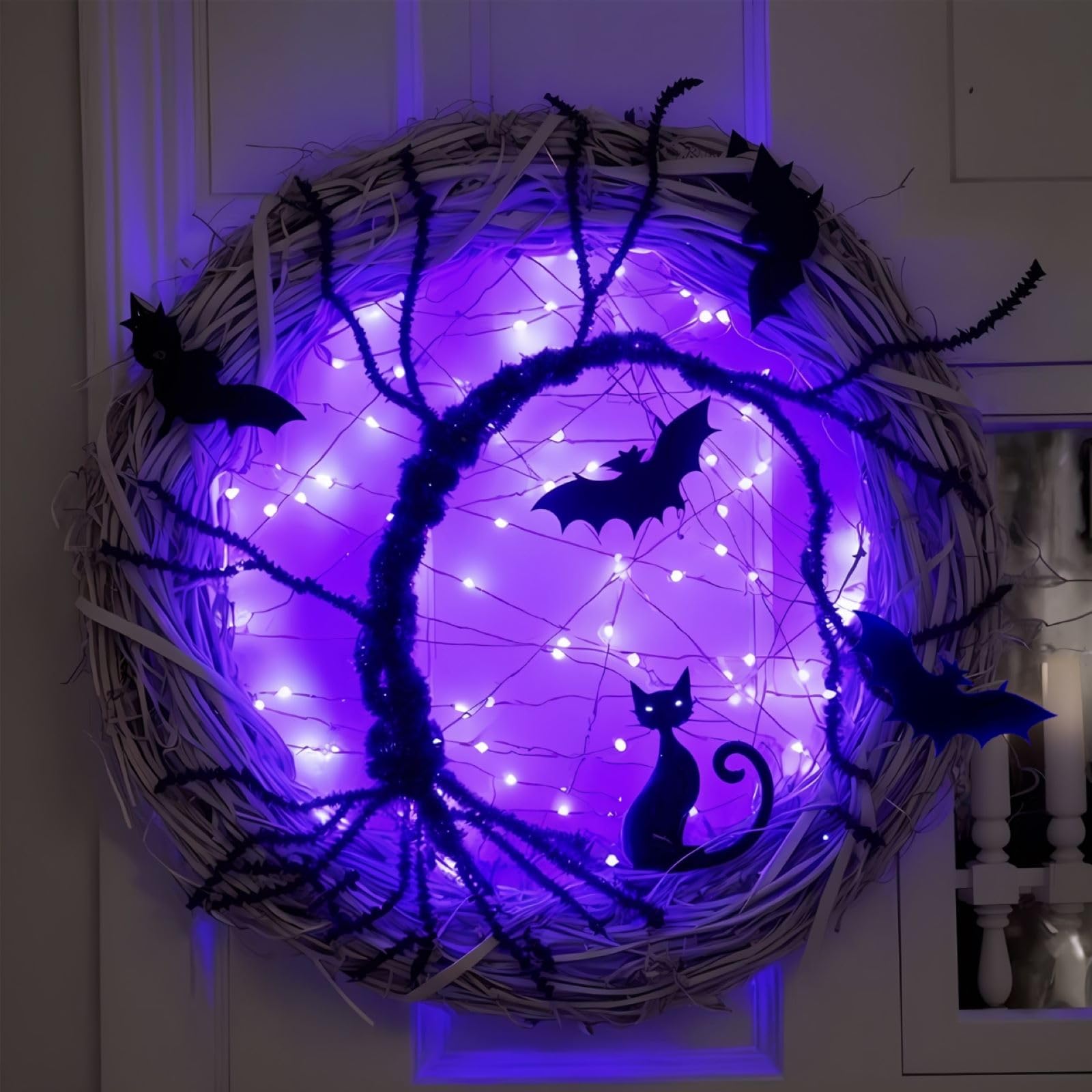 Halloween Wreaths for Front Door, 15 Inch Halloween Lighted Wreath with Bat and...