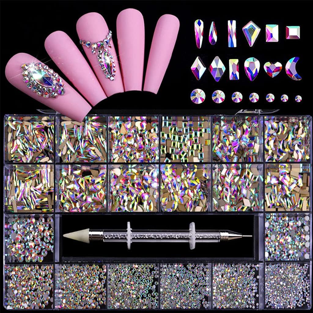 Autone Nail Rhinestones,Rhinestones for Nails AB Crystal Rhinestones Set,Rhinestones Nail Art Set Nail Gems Iridescent Clear Class Multi-Shape Flat Back Shiny Nail(1)