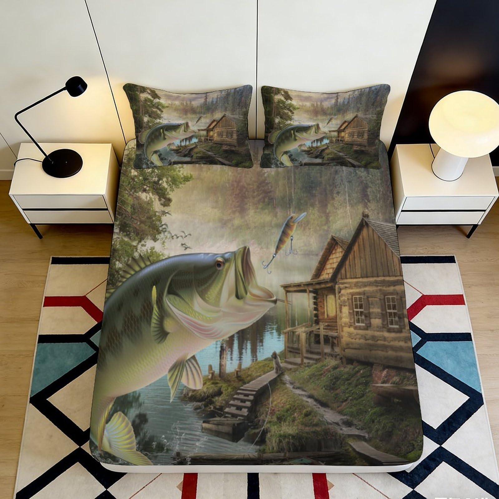 3D Printed Fishing Lake Fitted Sheet Microfiber Soft Cabin Forest Mattress Cover for Bedroom Guest Room Decor 90x200x25cm