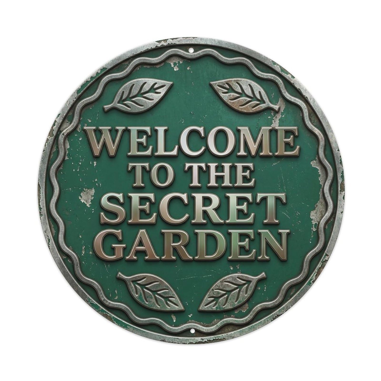 Vintage Welcome Secret Garden Pewter Jade Distressed Metal Tin Sign
