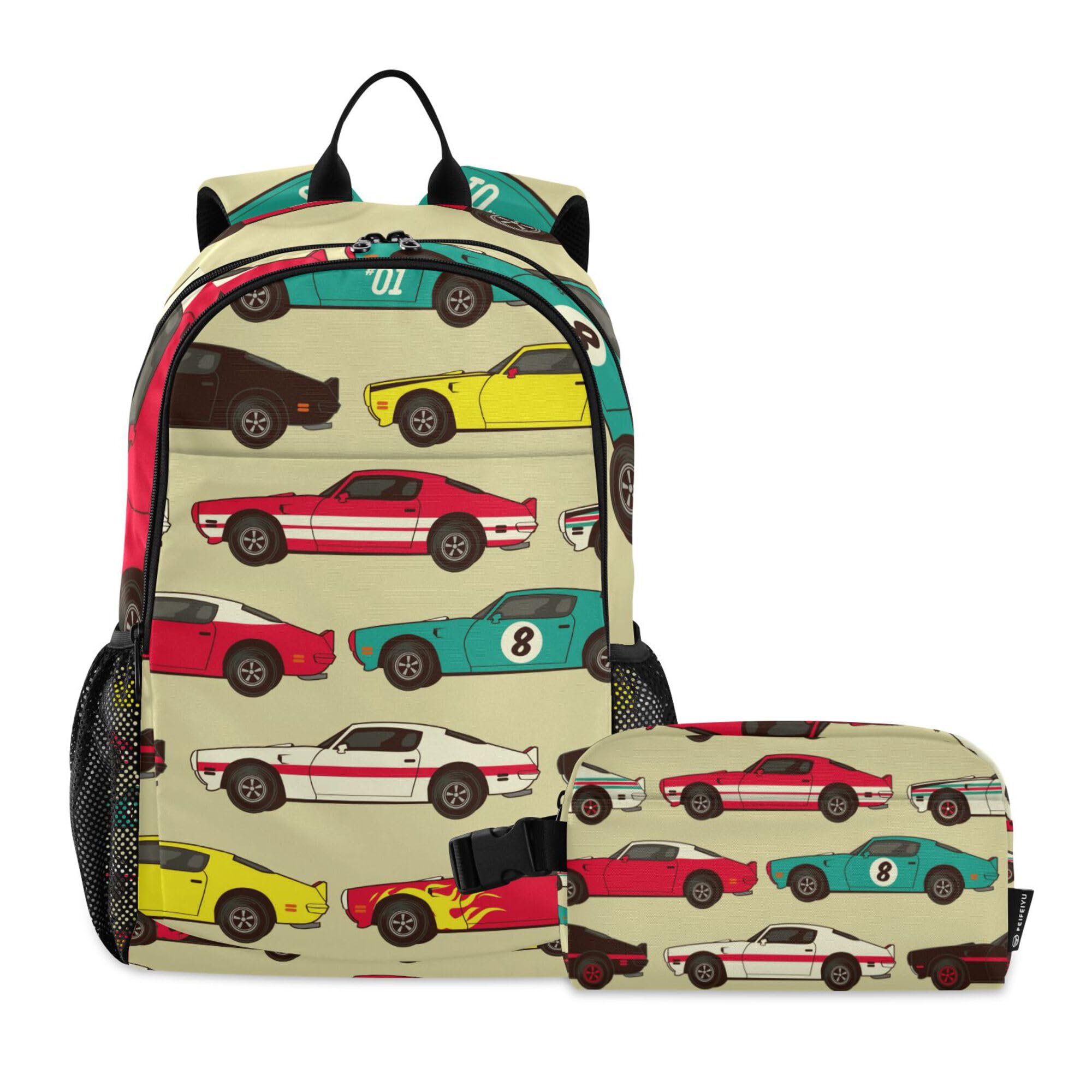 Jucciaco Vintage Car Racecar Backpack with Lunch Bag, School Backpack for Teens Boys Girls Kids Backpacks Set
