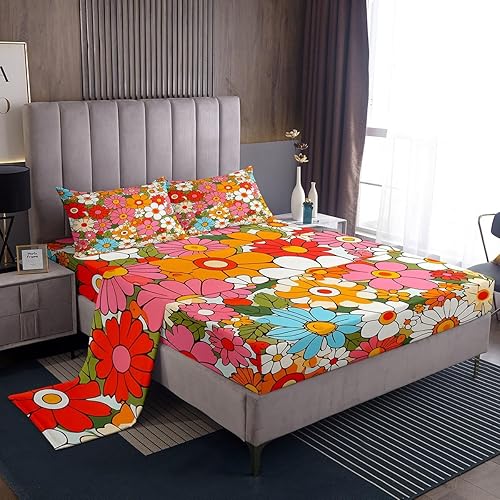 Feelyou Sábanas de Flores Groovy con Bolsillo Profundo Sábana Bajera Ajustable 60S 70S 80S Flores Hippie Bohemias Juego de Sábanas Retro Floral Boho