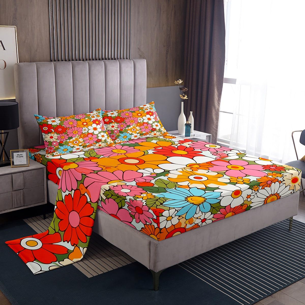 Feelyou Groovy Flower Sheets with Deep Pocket Fitted Sheet 60S 70S 80S Hippie Flowers Bohemian Sheet Set Retro Floral Boho Bed Sheets Set for Kids