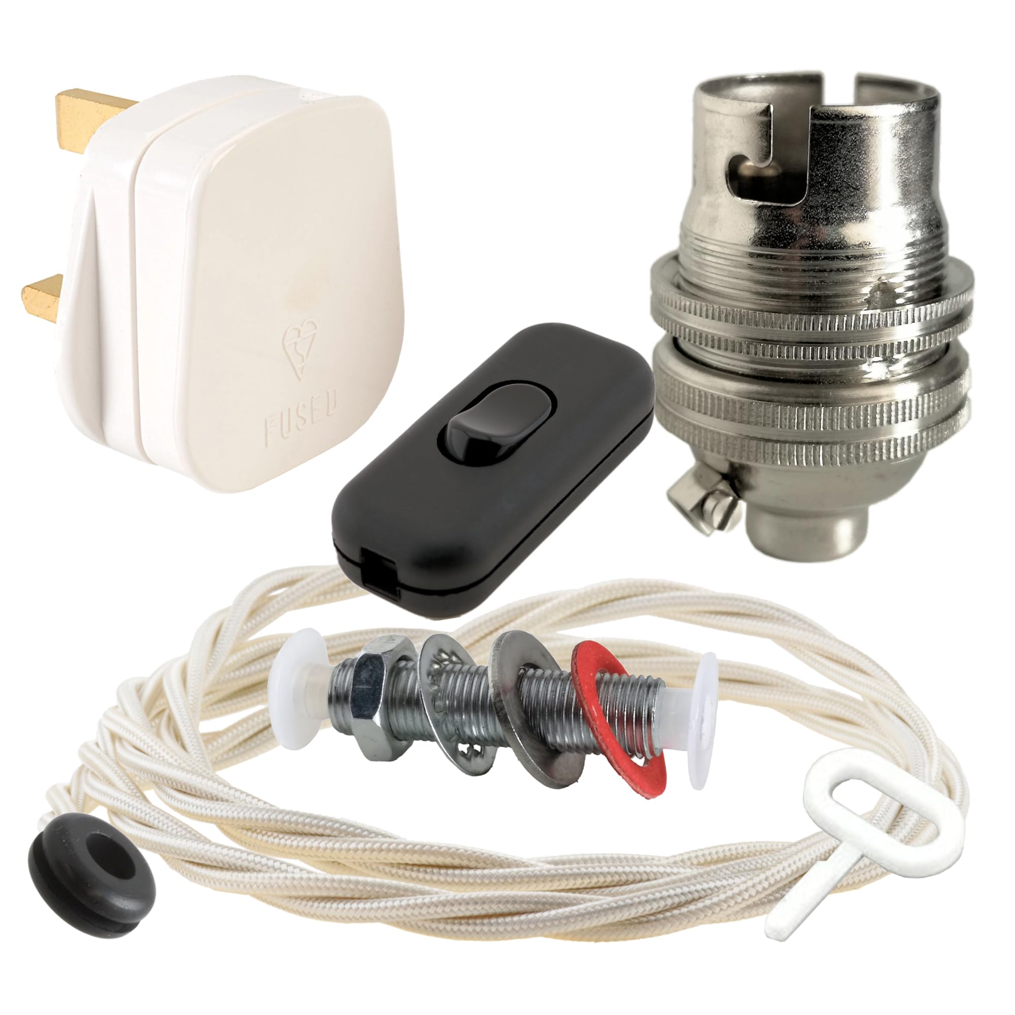 Art Deco Emporium Lamp Repair and Servicing Kit|White Plug|Ivory Flex|Black Switch|B22 Chrome Finish Lamp Holder — image 1