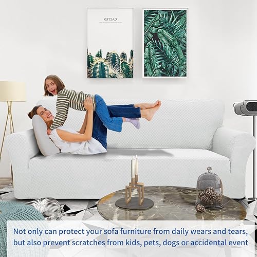 Miniatura 2 de ZNSAYOTX - 1 funda de sofá jacquard para sofás de 3 cojines, de alta elasticidad para mascotas, antideslizante, protector de muebles (grande, blanco)