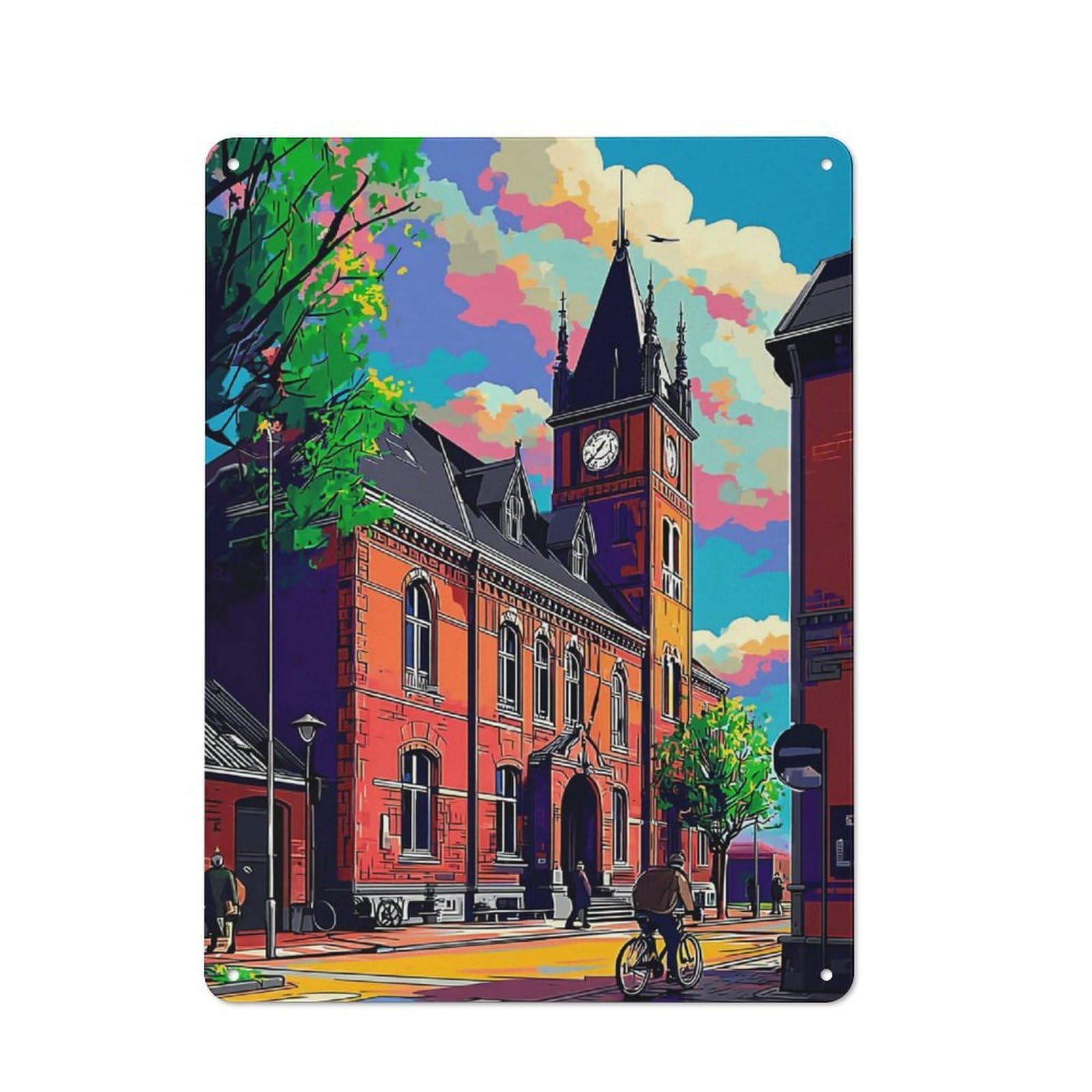 Modern Vintage Colorful Cityscape with Historical Building Metal Desk Wall Sign 40x30cm, Office Wall Decor for Office, Study, Studio Or Hallway