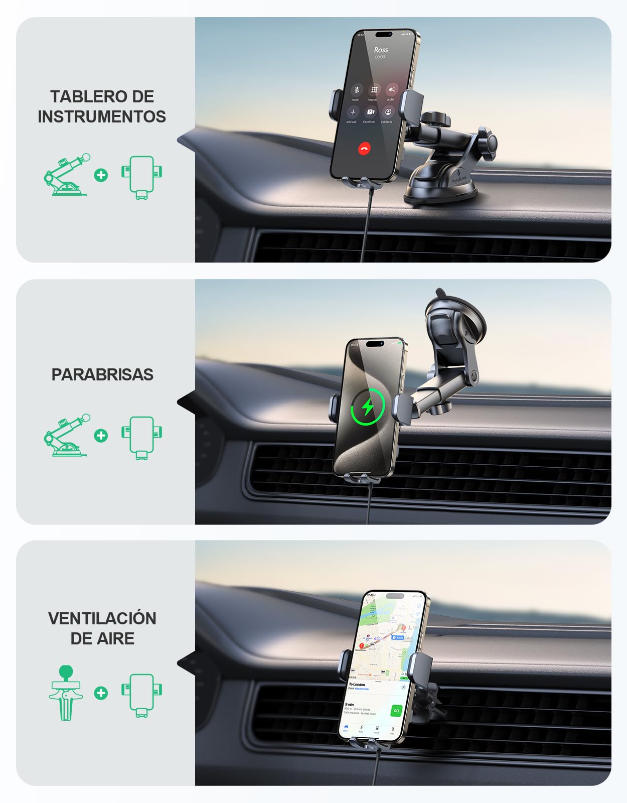 Glangeh Cargador Inalambrico Coche, Soporte Movil Coche Salpicadero con Sujeción Automática, Soporte Coche Movil de 15W para Ventilación de Parabrisas y Salpicadero, Compatible con iPhone etc 4.7-6.9"