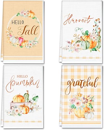 Juego de 4 toallas de cocina de Acción de Gracias, toallas de mano absorbentes, decoración rústica de Acción de Gracias, calabaza amarilla tenue,