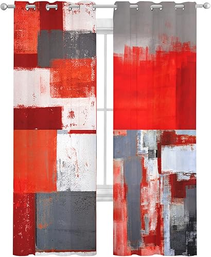 Cortinas traslúcidas de color rojo abstracto de 84 pulgadas de largo, juego de 2 paneles de cortinas para cocina, dormitorio, sala de estar,