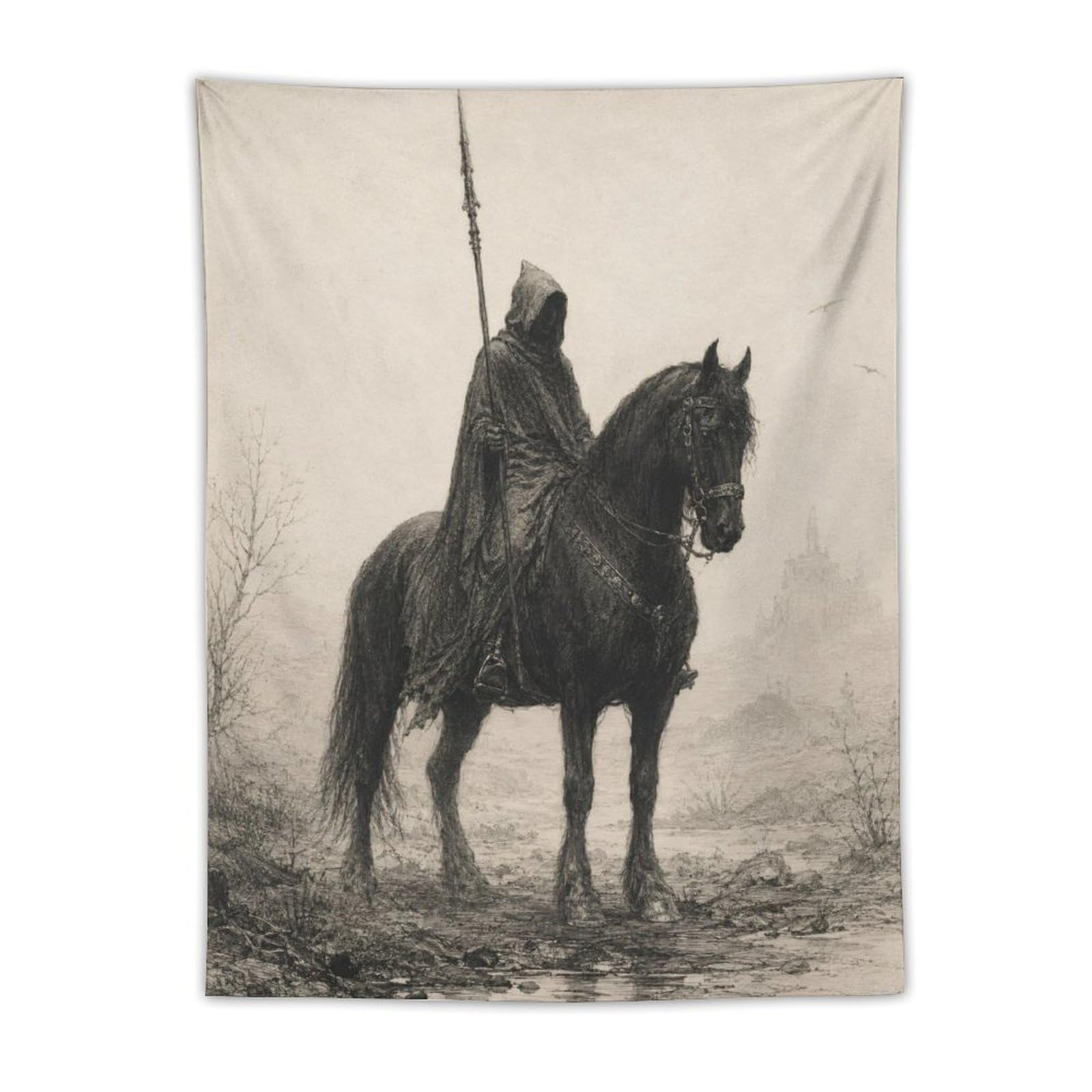 H3B8U2Y5 Lone Horseman Wall Tapestry, Asian Ink Style, Bedroom