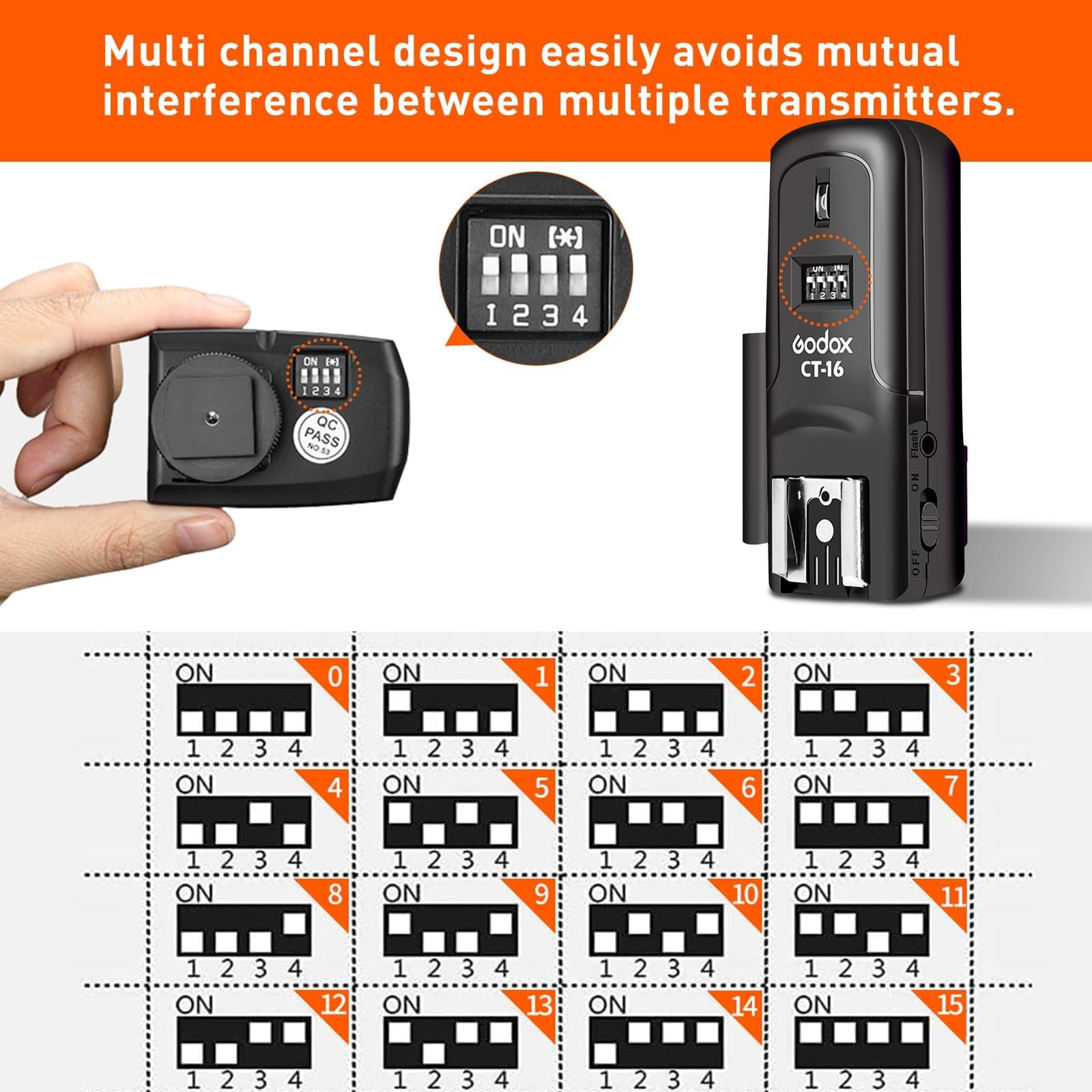 Godox Godox CT-16 trigger wireless per flash, compatibile con fotocamere DSLR Canon, Nikon, Sony, Olympus, Pentax (1 trasmettitore + 3 ricevitori)