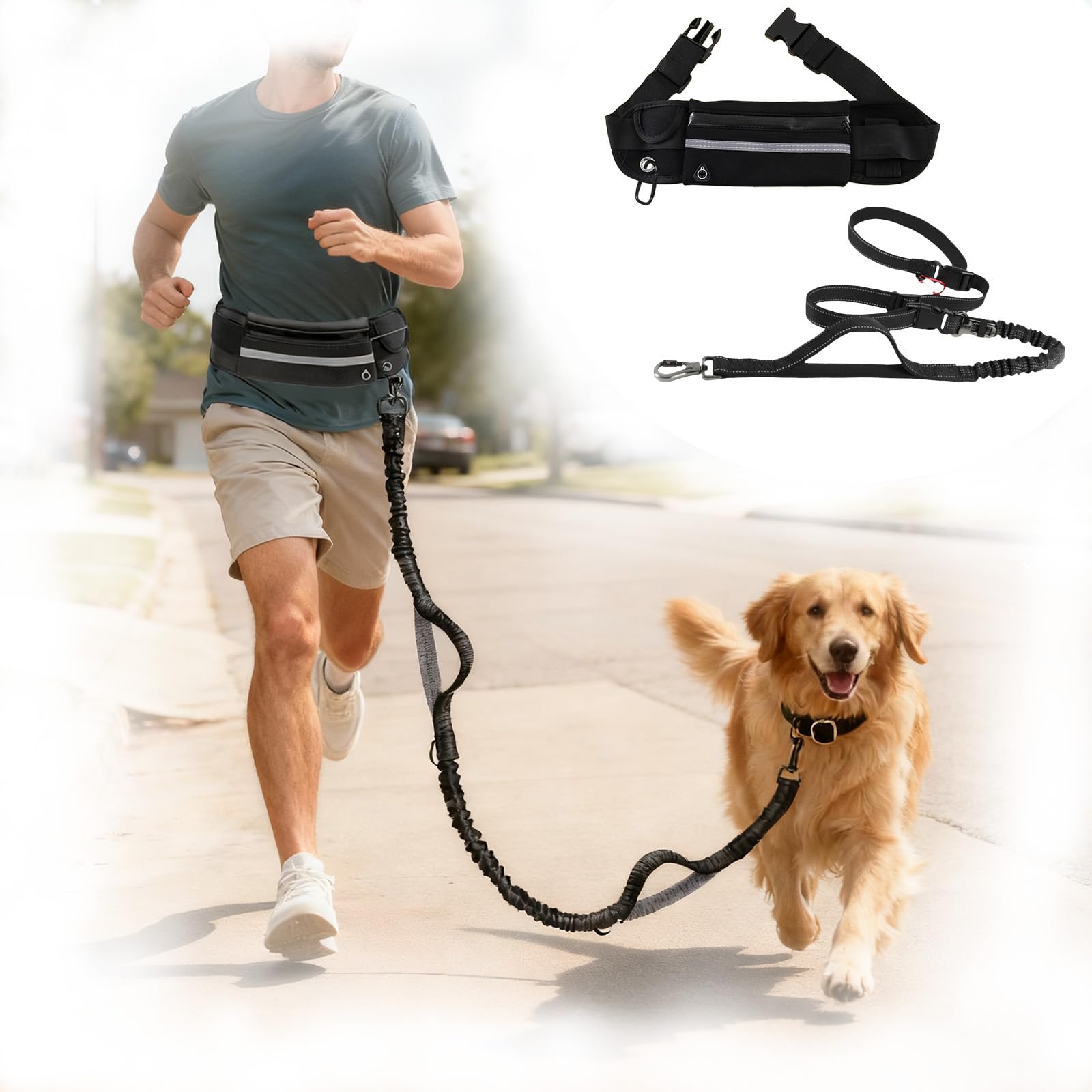 Hands Free Dog Lead Walking Belt,Heavy Duty Dog Running with Waist Belt,Adjustable Bungee,Waist Bag Reflective Stitches for Jogging