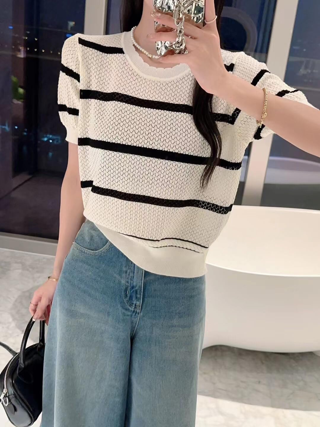 ICW Women's Stretchable Knitted Ribbed Round Neck Striped Crop Top T-Shirt Dn128 (in, Alpha, S, Regular, Black) 2