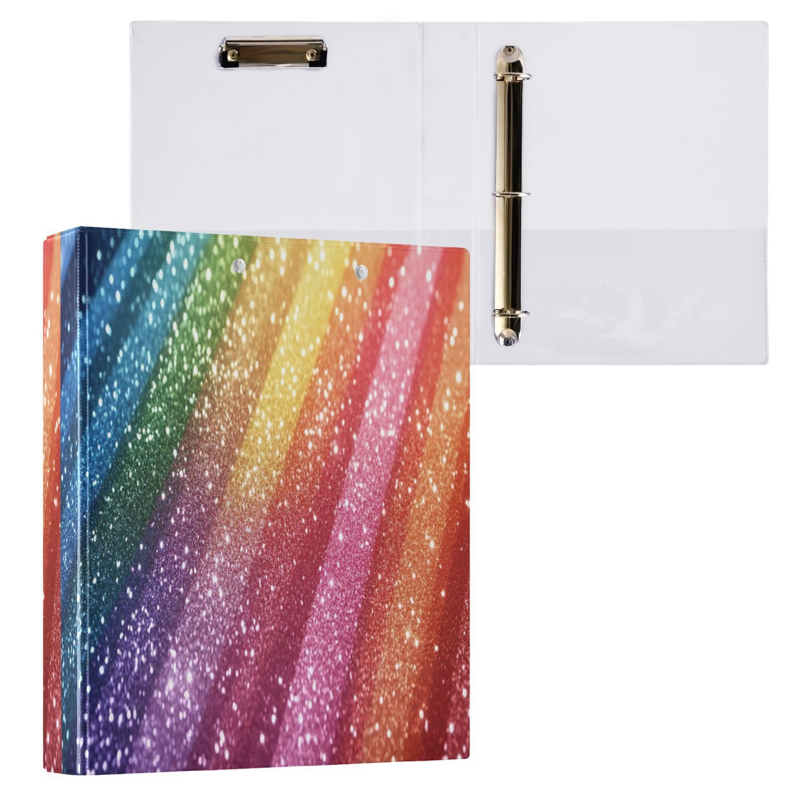 Raccoglitori ad anelli con 3 anelli, 3,8 cm, con glitter arcobaleno, rotondi, con clip in metallo, organizer per casa e ufficio, confezione da 2