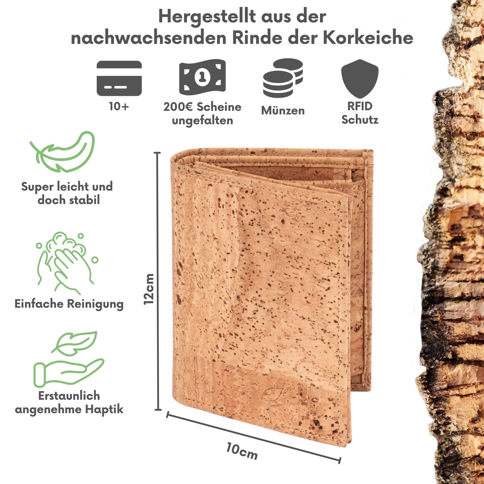 Simaru Herren Geldbörse aus Kork mit RFID Schutz, Männer Geldbeutel mit Sichtfenster für Ausweis, Karten, Bargeld, Portemonnaie langlebig & vegan